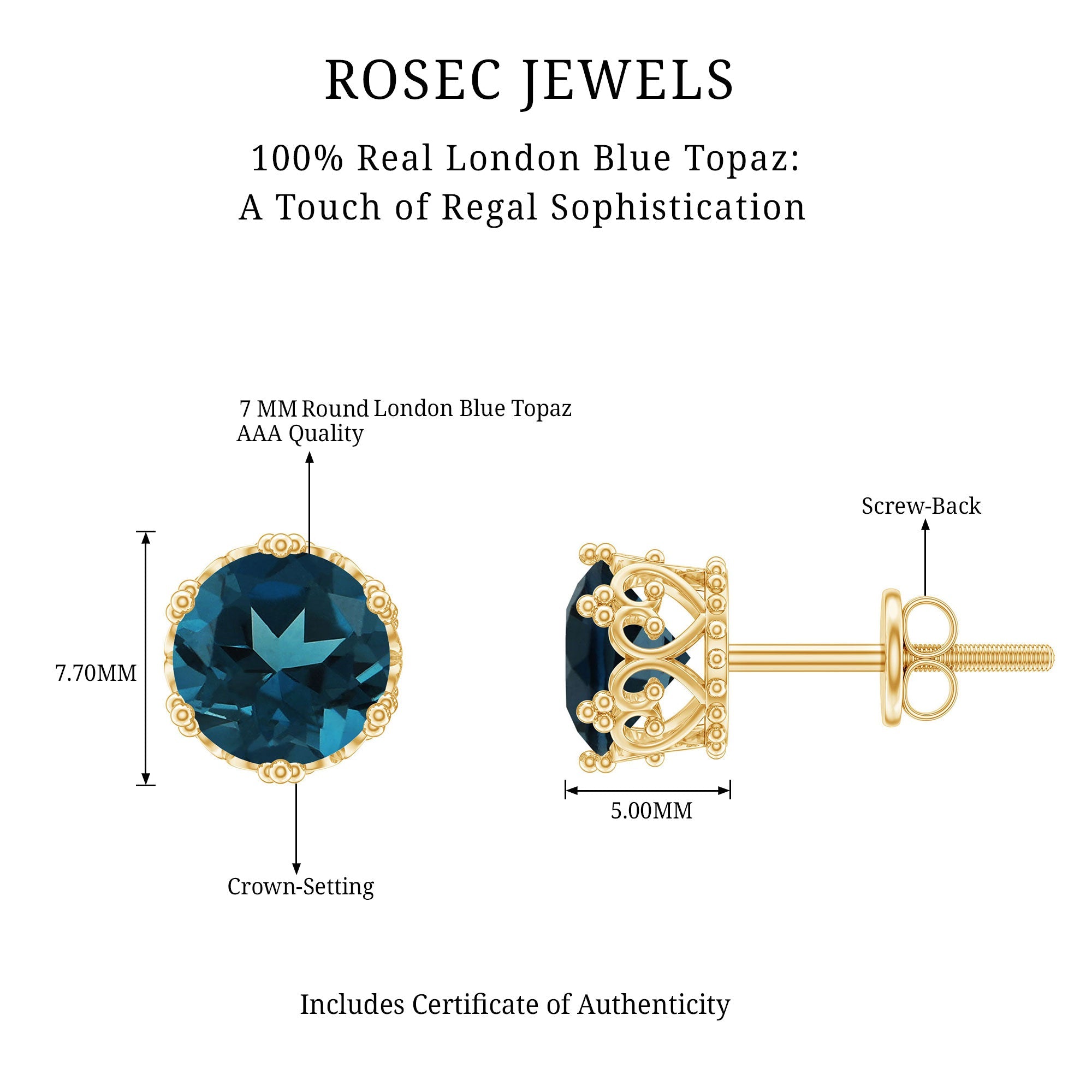 London Blue Topaz Earrings – 2.7 Carat Round Cut Crown Setting Studs