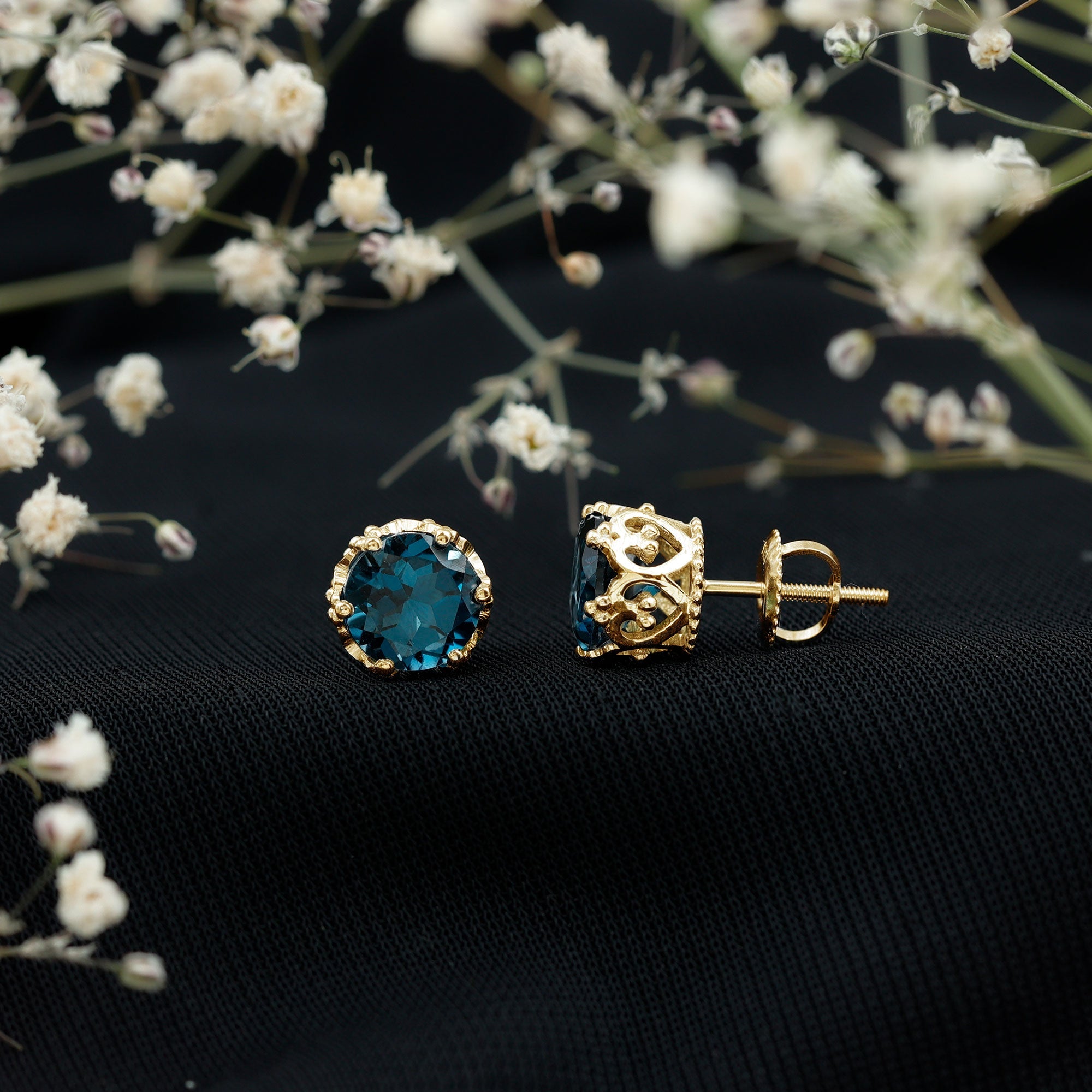London Blue Topaz Earrings – 2.7 Carat Round Cut Crown Setting Studs