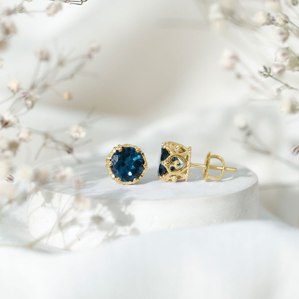 London Blue Topaz Earrings – 2.7 Carat Round Cut Crown Setting Studs