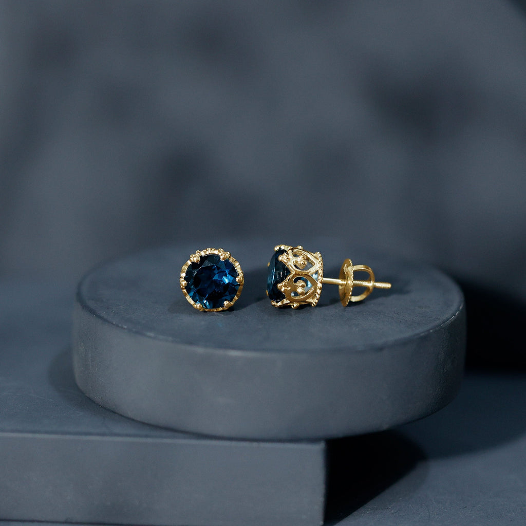 London Blue Topaz Earrings – 2.7 Carat Round Cut Crown Setting Studs