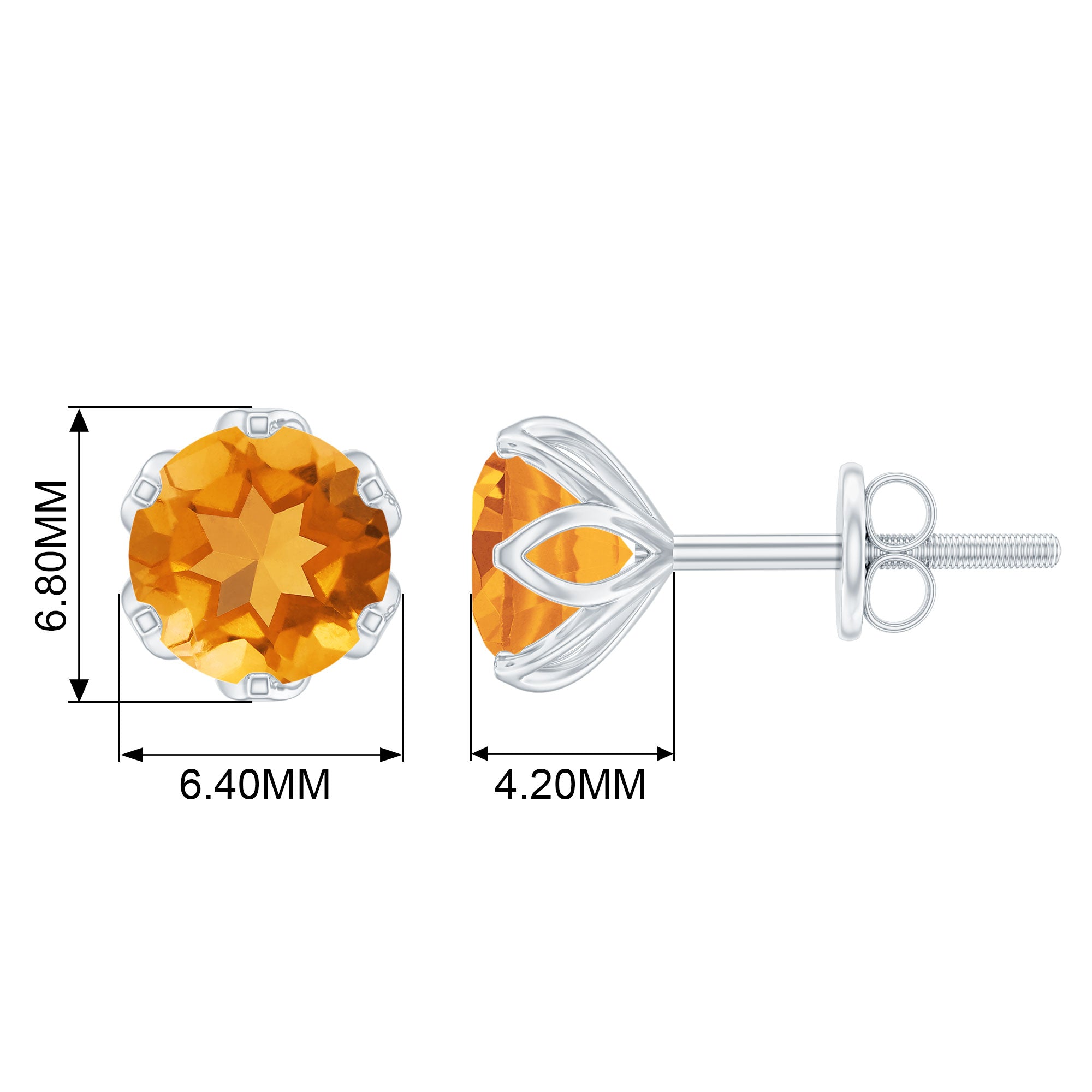 Solitaire Citrine Earrings - 2.4 Carat AAA Quality Yellow Gemstone Studs