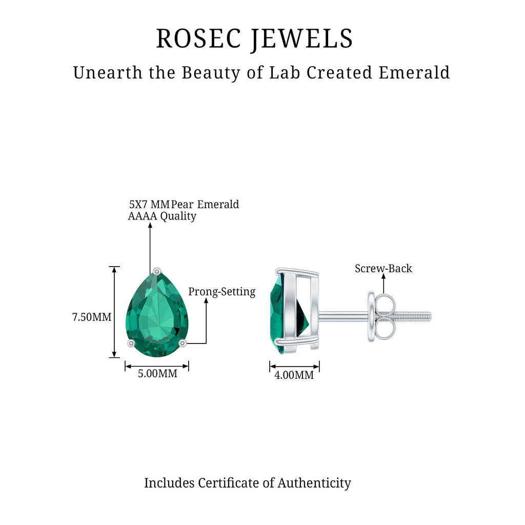 Pear Cut Emerald Earrings – Lab Grown 1.4 Carat Teardrop Studs in 3 Prong Setting