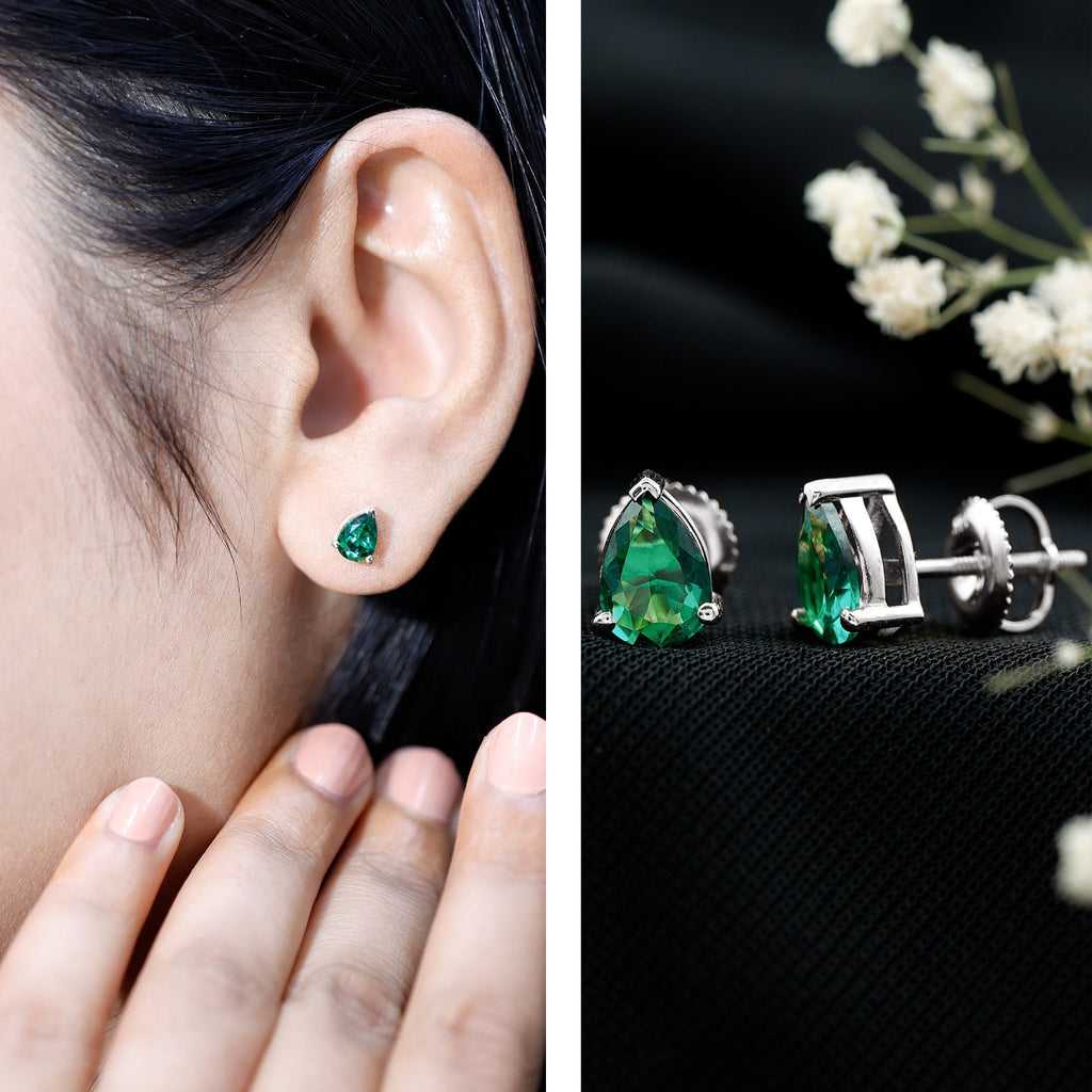 Pear Cut Emerald Earrings – Lab Grown 1.4 Carat Teardrop Studs in 3 Prong Setting