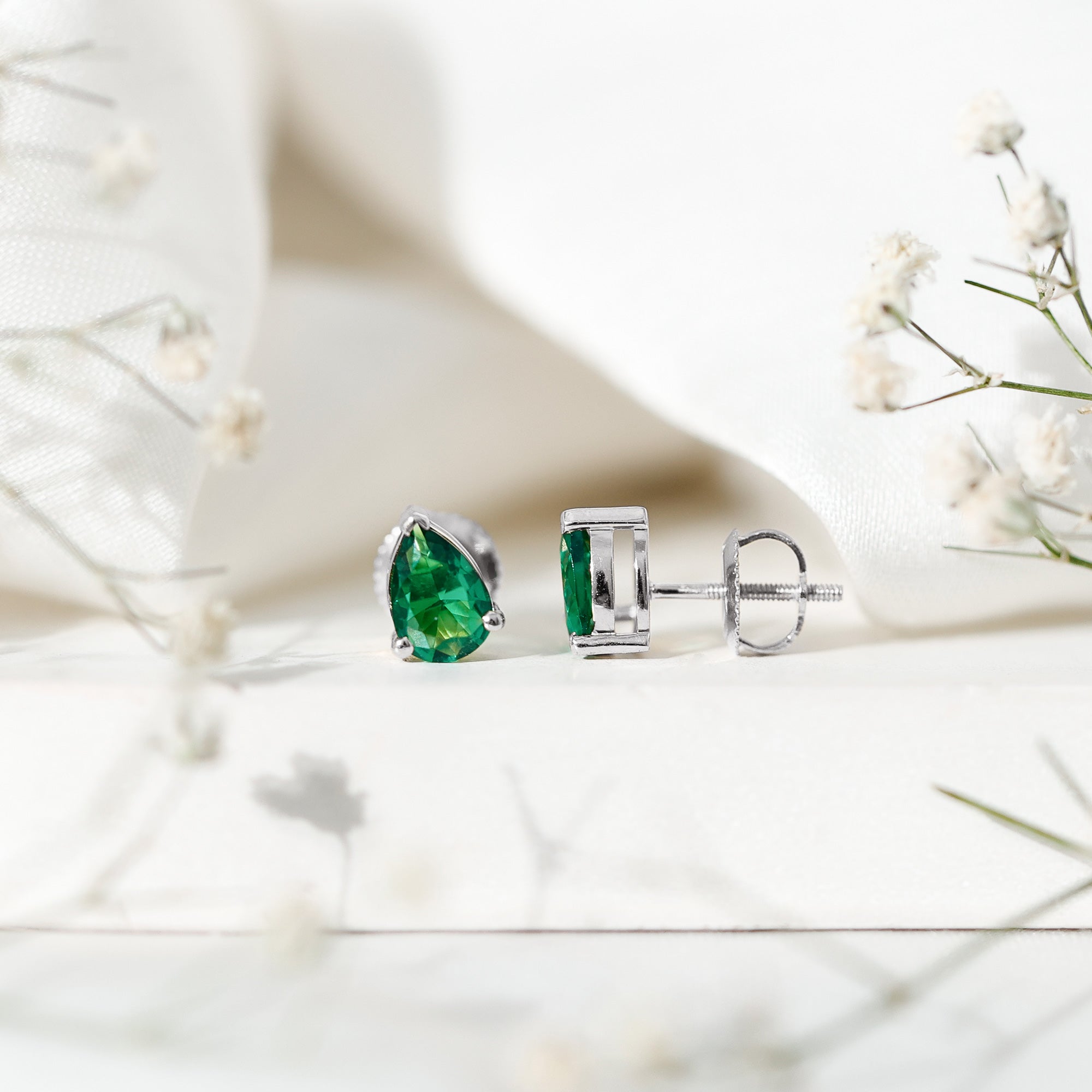 Pear Cut Emerald Earrings – Lab Grown 1.4 Carat Teardrop Studs in 3 Prong Setting