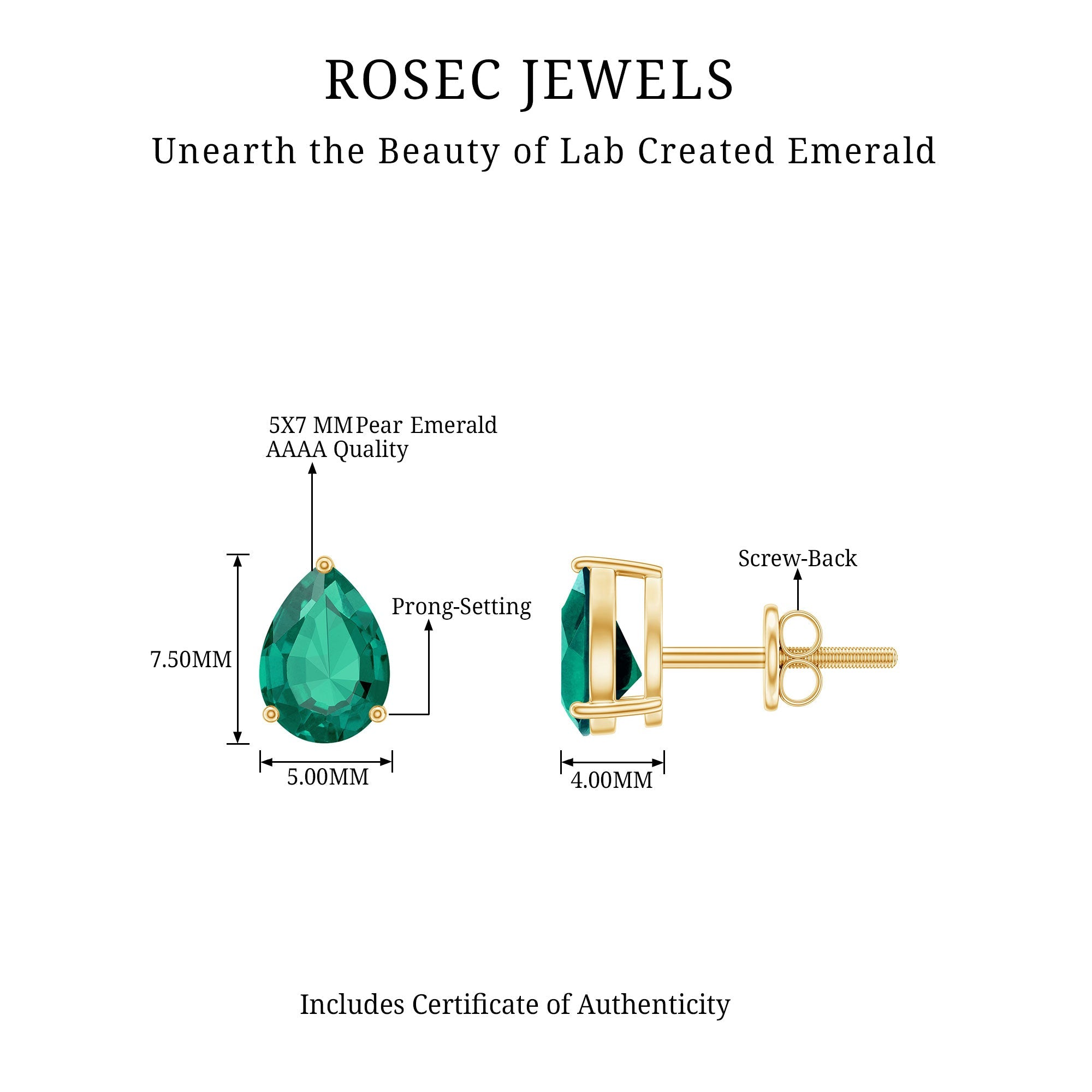 Pear Cut Emerald Earrings – Lab Grown 1.4 Carat Teardrop Studs in 3 Prong Setting