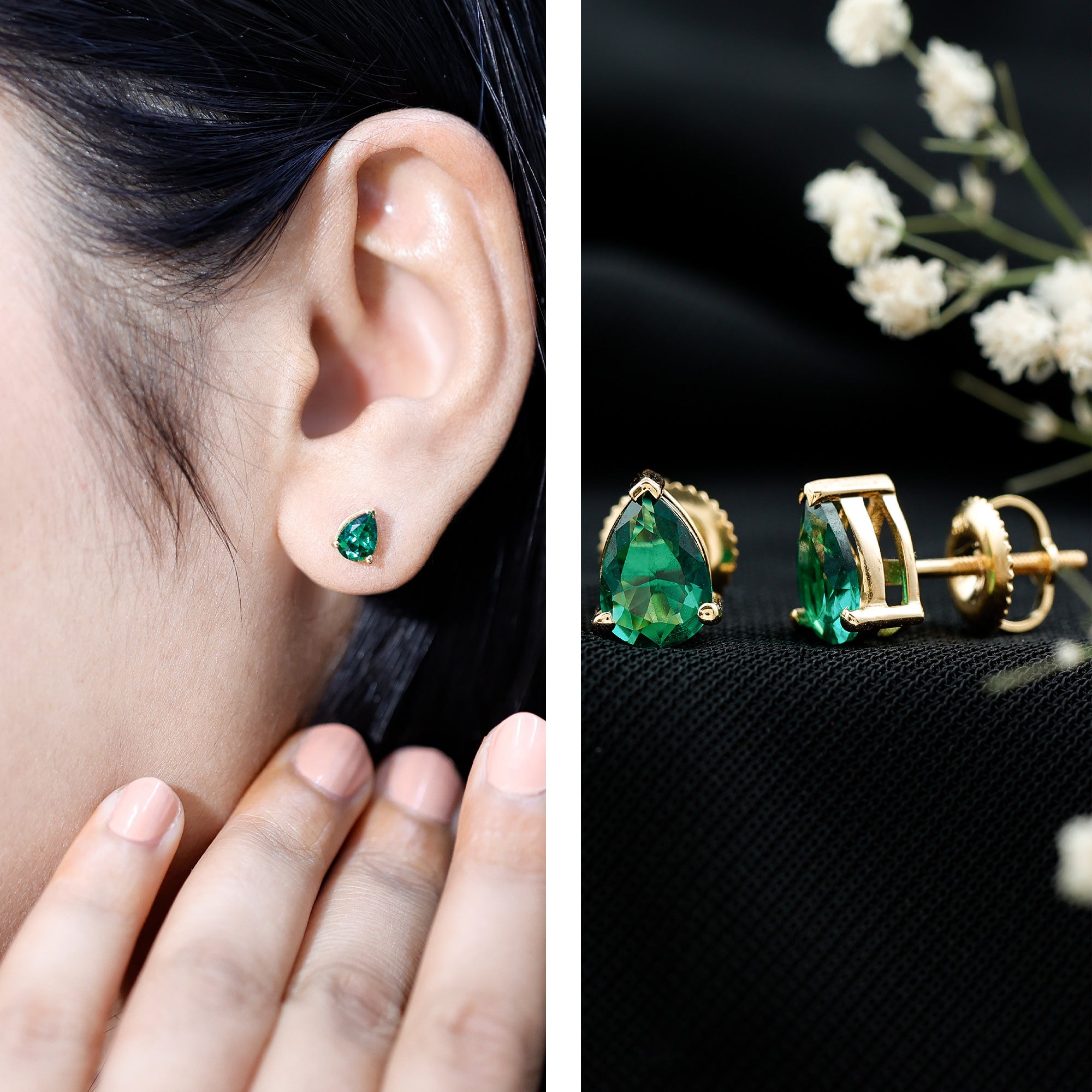 Pear Cut Emerald Earrings – Lab Grown 1.4 Carat Teardrop Studs in 3 Prong Setting