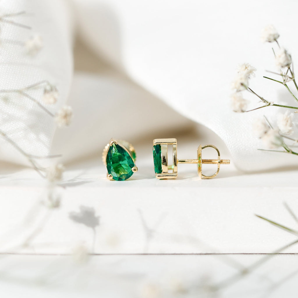Pear Cut Emerald Earrings – Lab Grown 1.4 Carat Teardrop Studs in 3 Prong Setting