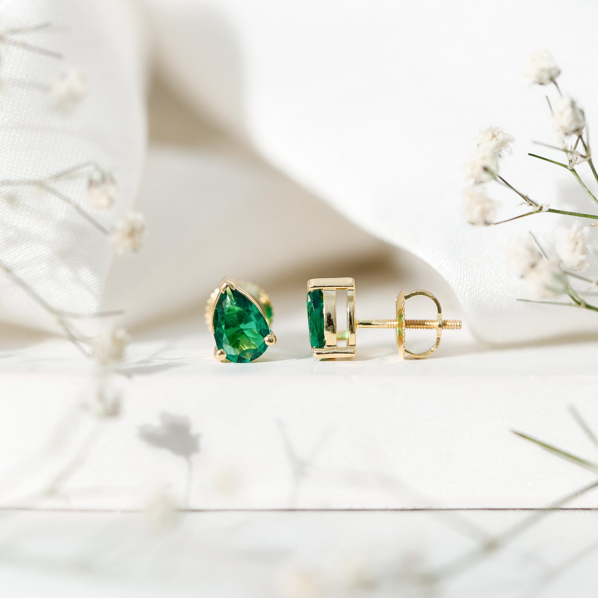 Pear Cut Emerald Earrings – Lab Grown 1.4 Carat Teardrop Studs in 3 Prong Setting
