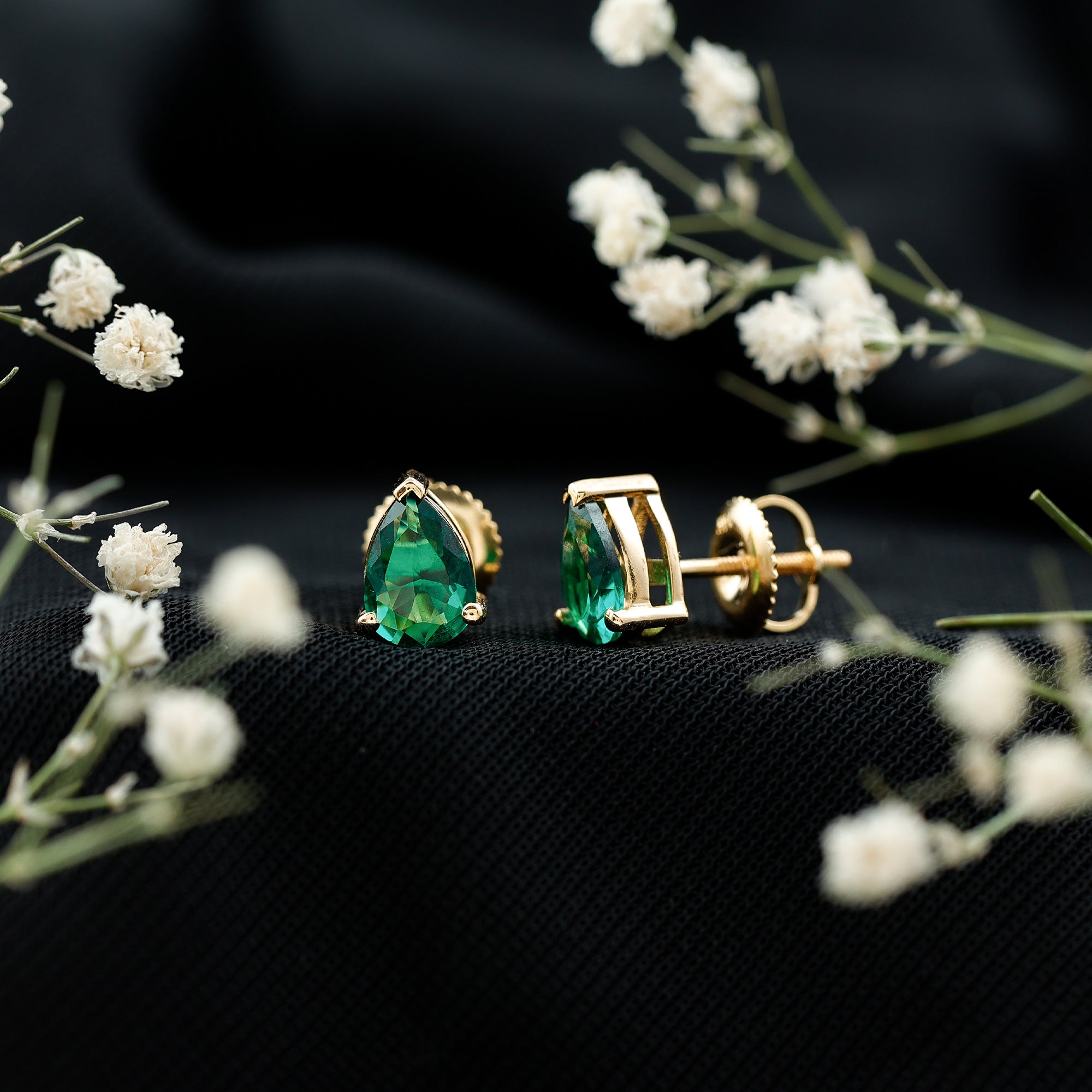 Pear Cut Emerald Earrings – Lab Grown 1.4 Carat Teardrop Studs in 3 Prong Setting