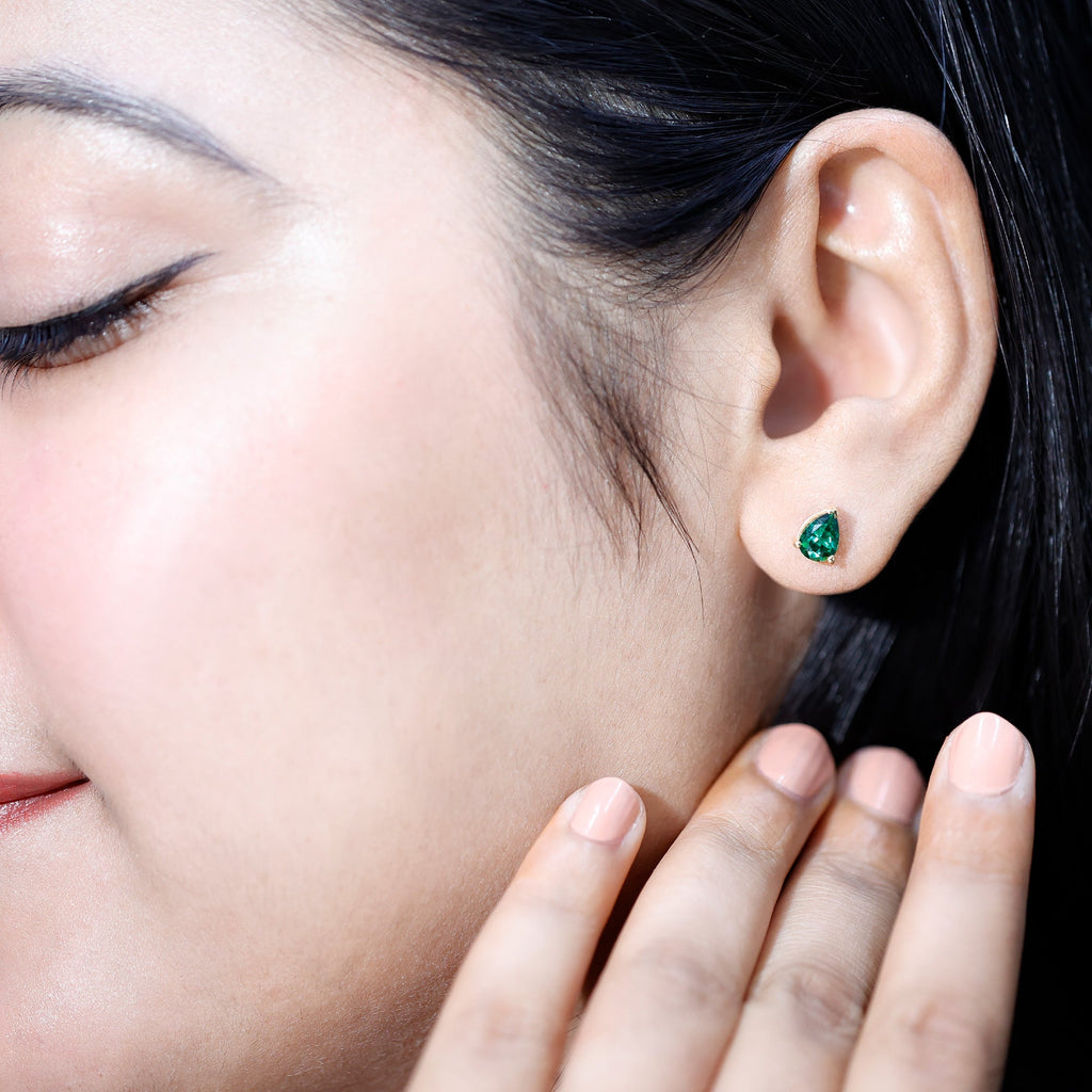 Pear Cut Emerald Earrings – Lab Grown 1.4 Carat Teardrop Studs in 3 Prong Setting