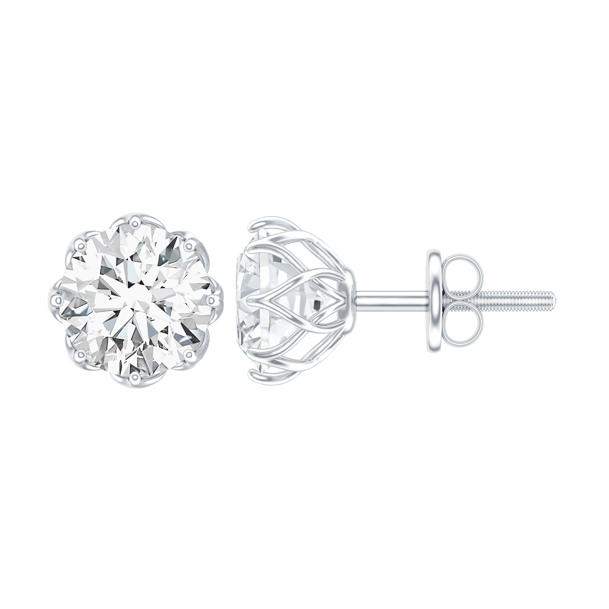 Moissanite Stud Earrings - Certified Brilliant Cut 1.9 Carat Solitaire Round D-VS1