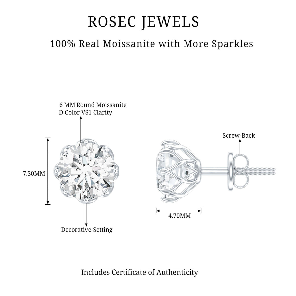 Moissanite Stud Earrings - Certified Brilliant Cut 1.9 Carat Solitaire Round D-VS1