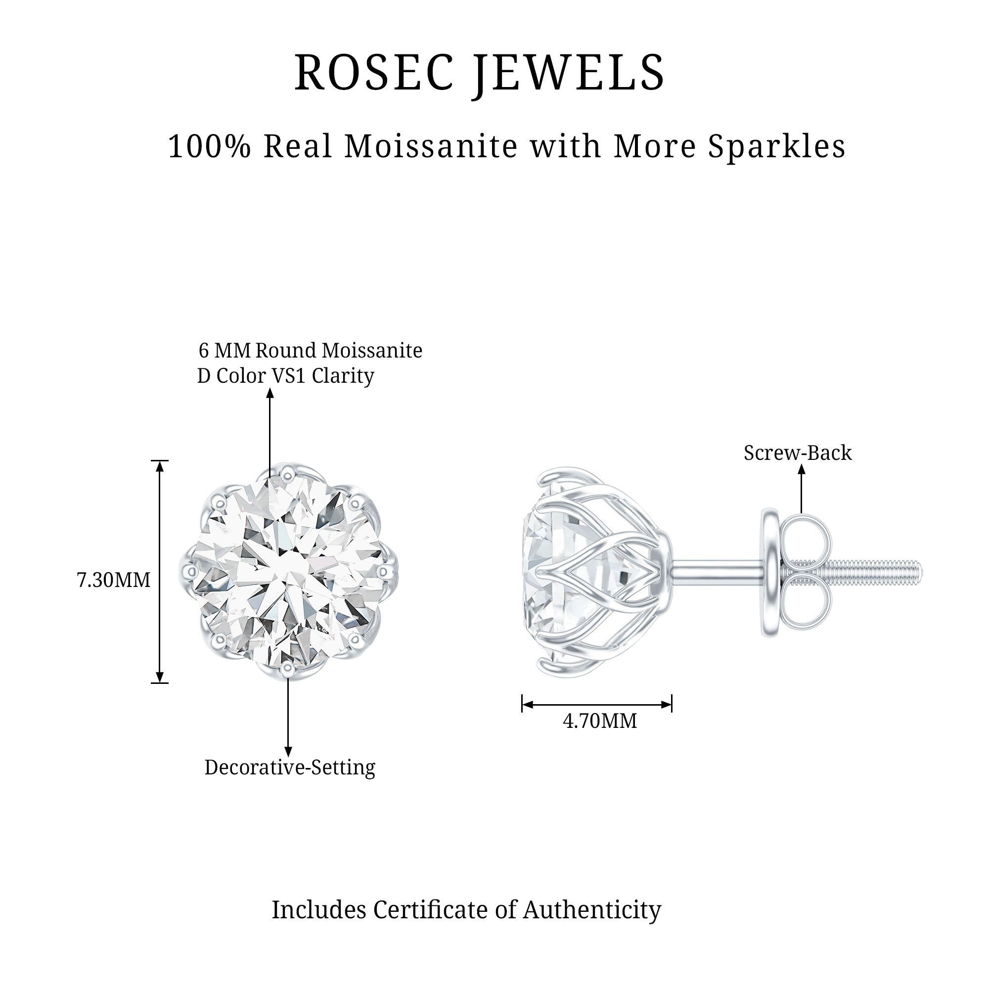 Moissanite Stud Earrings - Certified Brilliant Cut 1.9 Carat Solitaire Round D-VS1