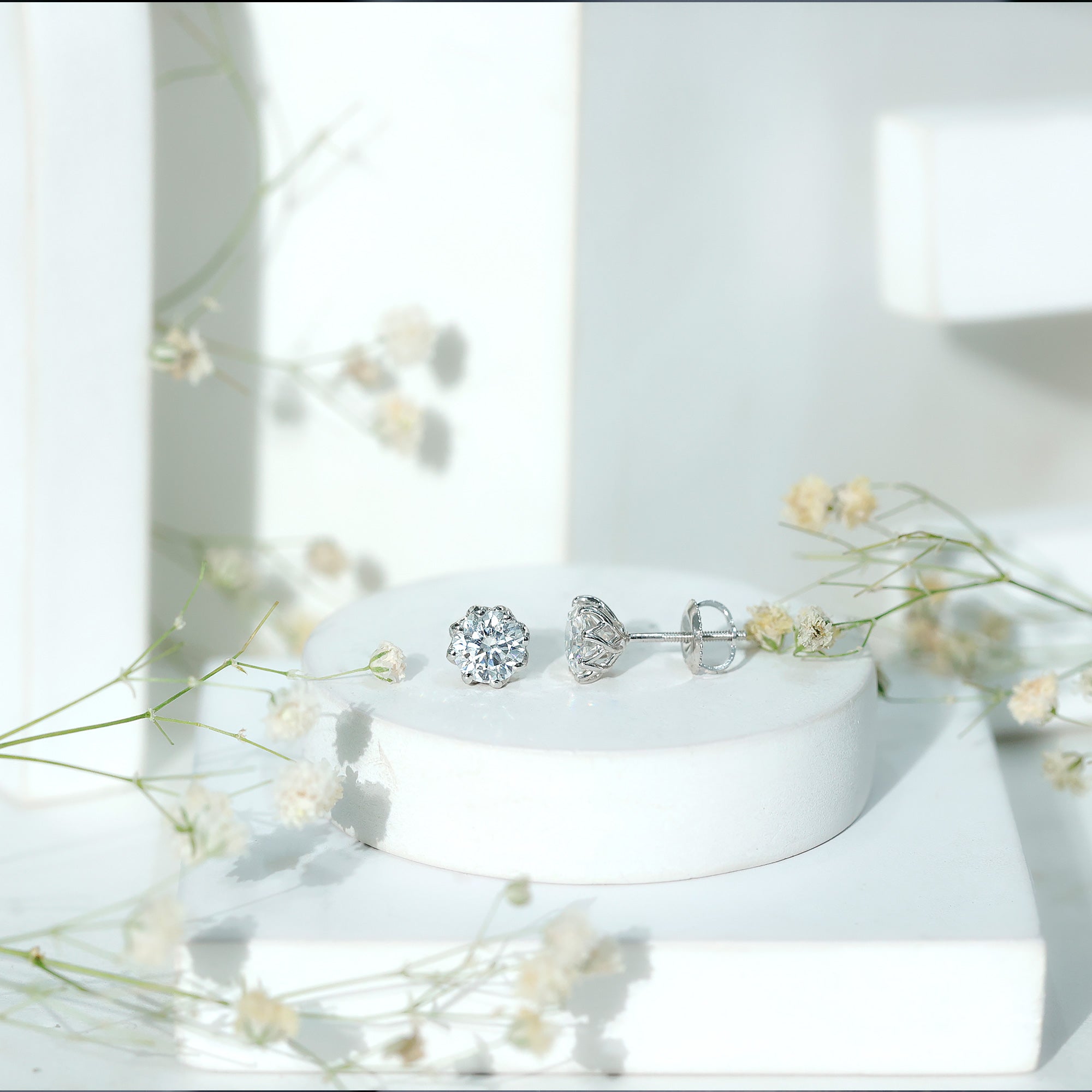 Moissanite Stud Earrings - Certified Brilliant Cut 1.9 Carat Solitaire Round D-VS1