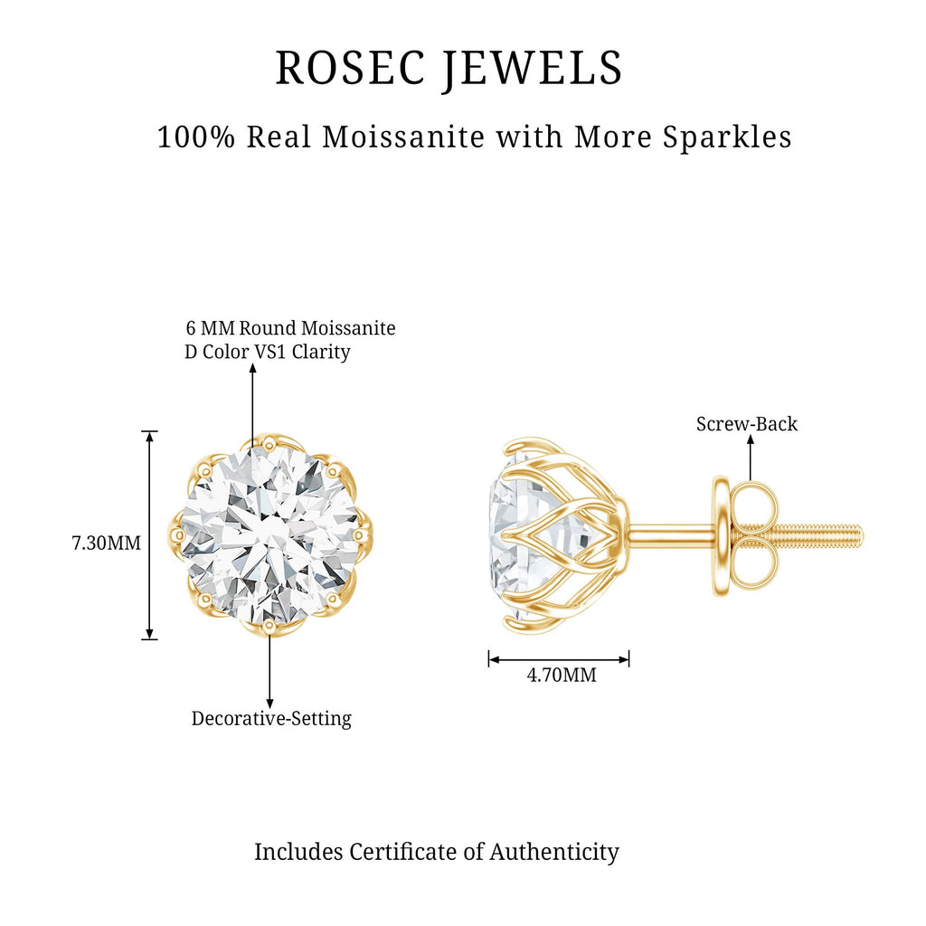 Moissanite Stud Earrings - Certified Brilliant Cut 1.9 Carat Solitaire Round D-VS1
