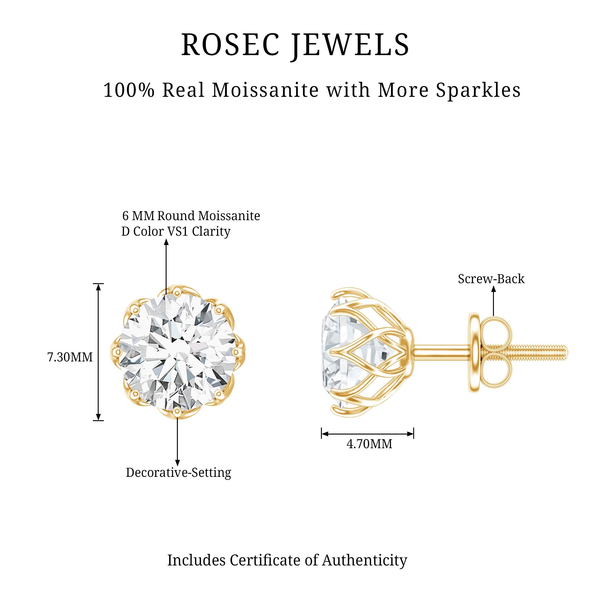 Moissanite Stud Earrings - Certified Brilliant Cut 1.9 Carat Solitaire Round D-VS1
