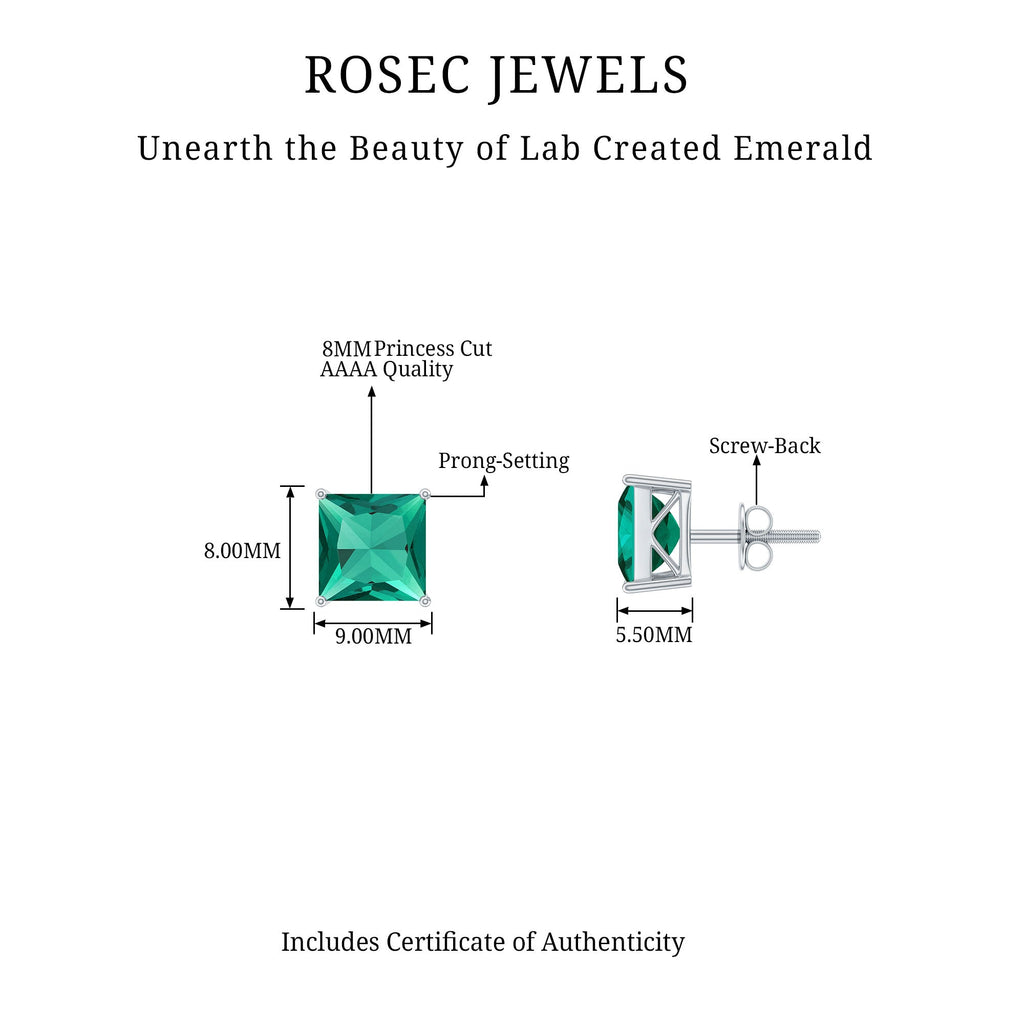Princess Cut Emerald Earrings – 4 Carat Lab Grown Solitaire Studs AAAA Quality