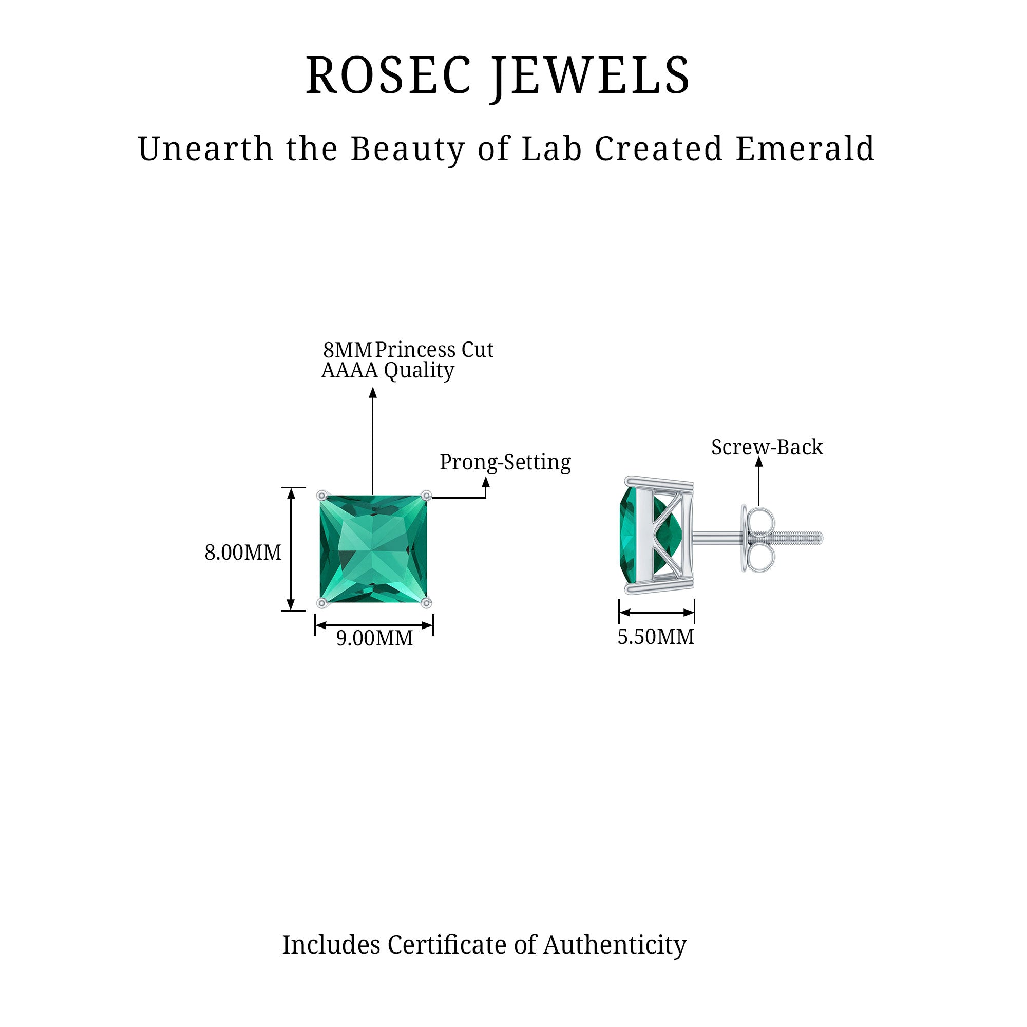 Princess Cut Emerald Earrings – 4 Carat Lab Grown Solitaire Studs AAAA Quality