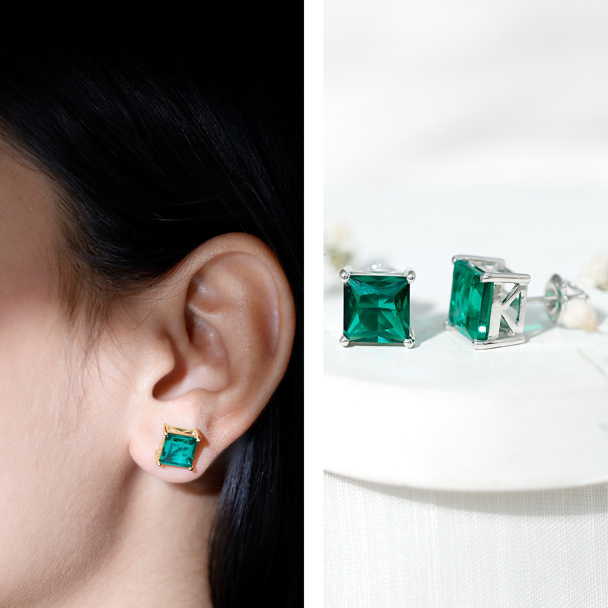 Princess Cut Emerald Earrings – 4 Carat Lab Grown Solitaire Studs AAAA Quality