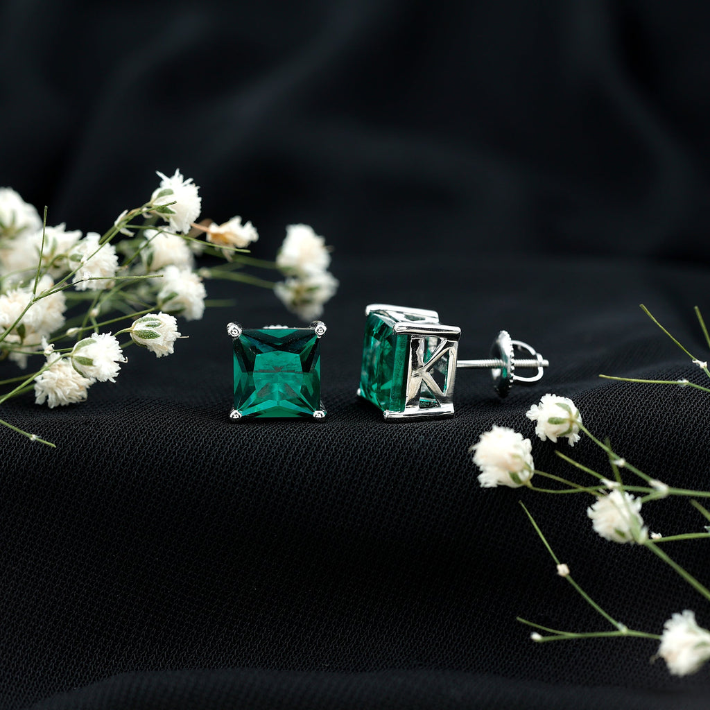 Princess Cut Emerald Earrings – 4 Carat Lab Grown Solitaire Studs AAAA Quality