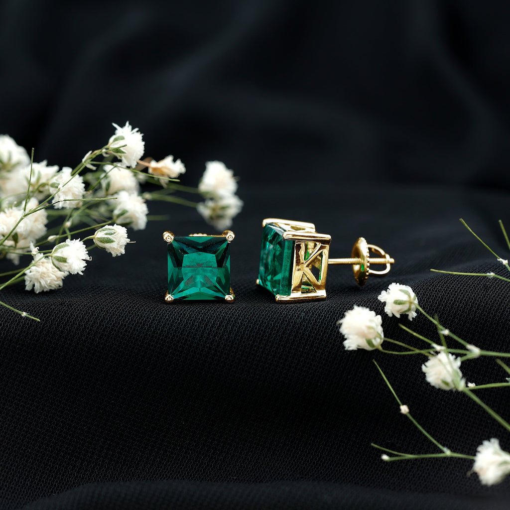 Princess Cut Emerald Earrings – 4 Carat Lab Grown Solitaire Studs AAAA Quality