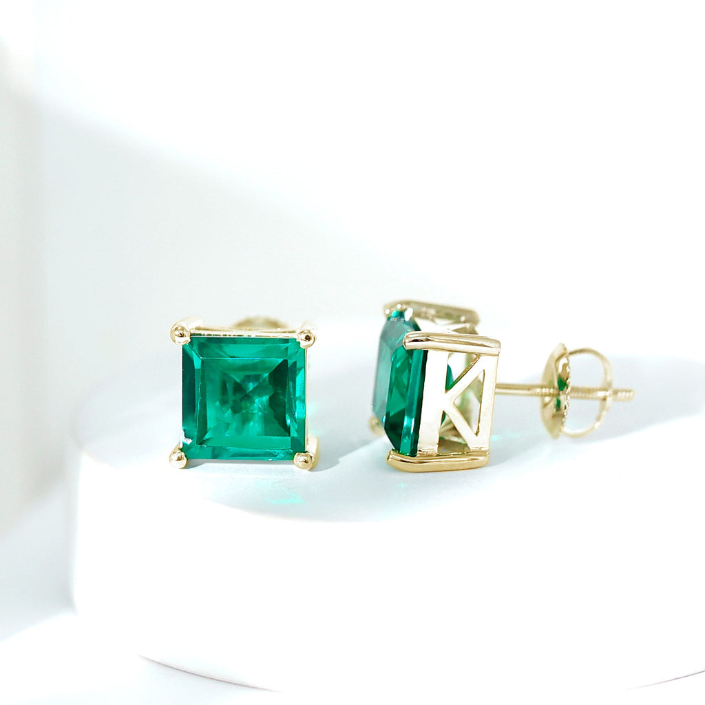 Princess Cut Emerald Earrings – 4 Carat Lab Grown Solitaire Studs AAAA Quality
