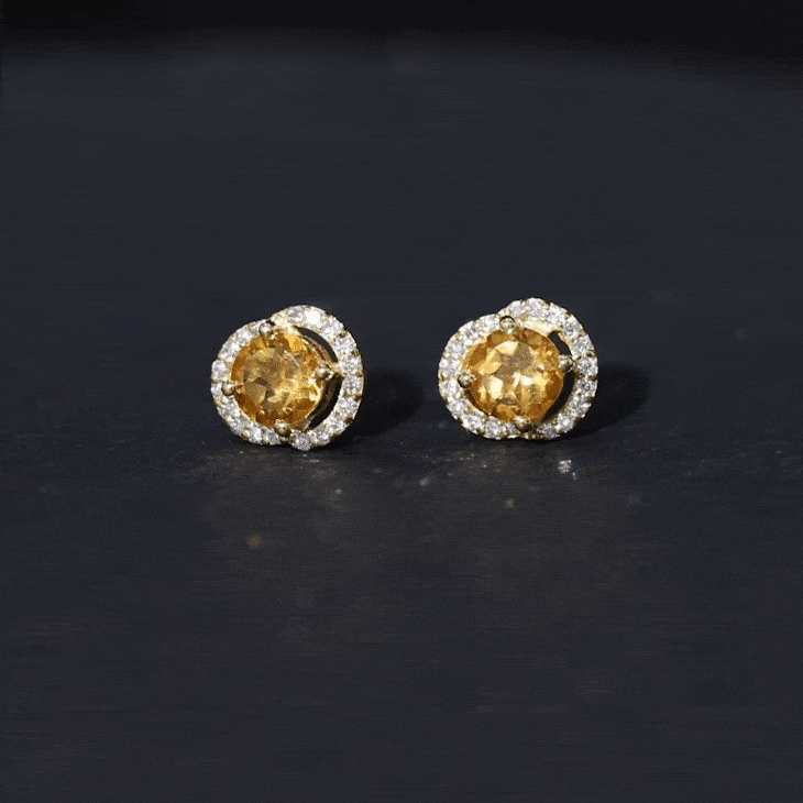 Citrine Stud Earrings – Round AAA Quality Citrine With Diamond Accents | Screw Back Closure