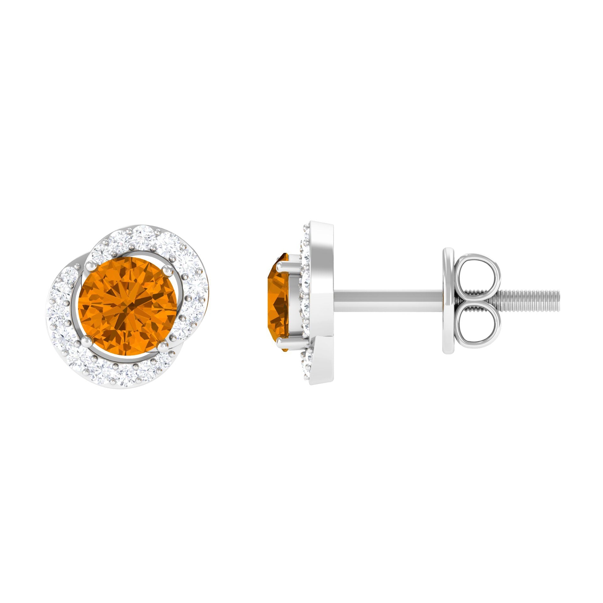 Citrine Stud Earrings – Round AAA Quality Citrine With Diamond Accents | Screw Back Closure