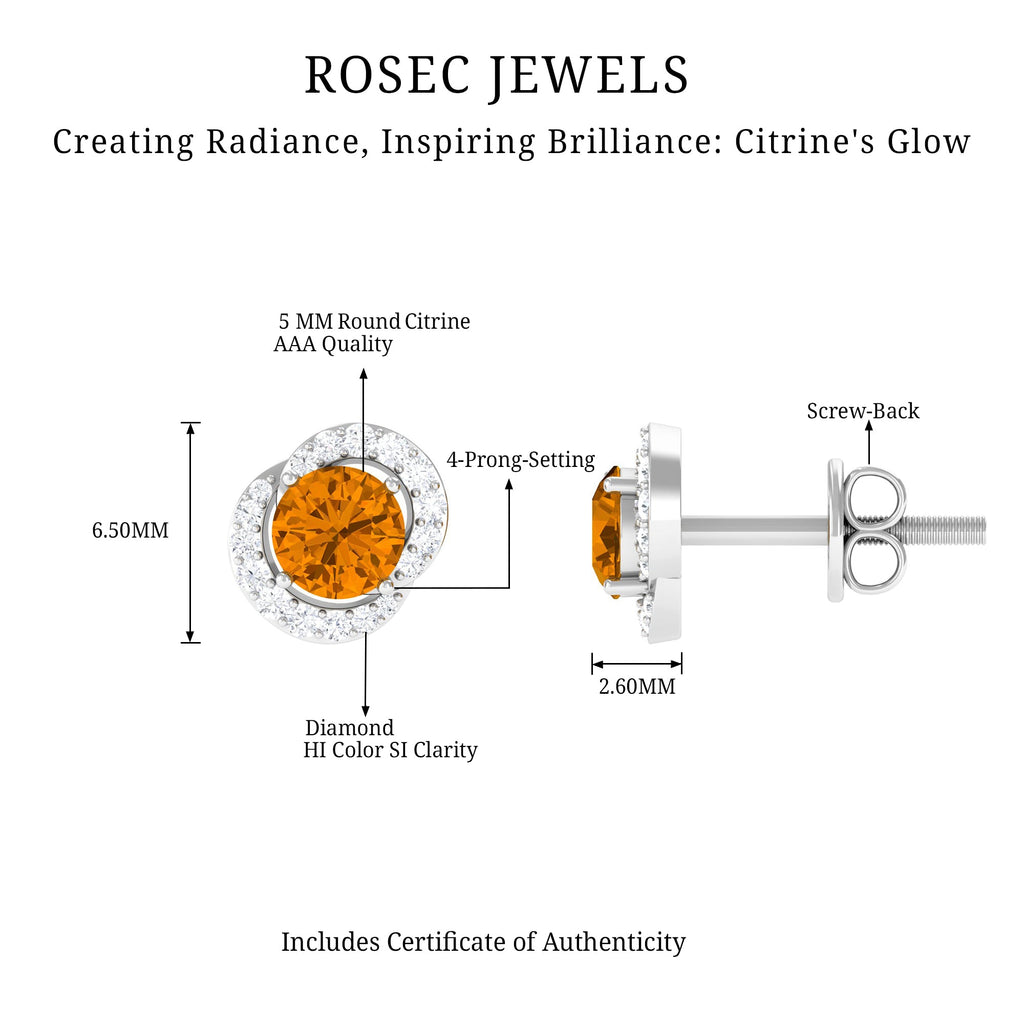 Citrine Stud Earrings – Round AAA Quality Citrine With Diamond Accents | Screw Back Closure