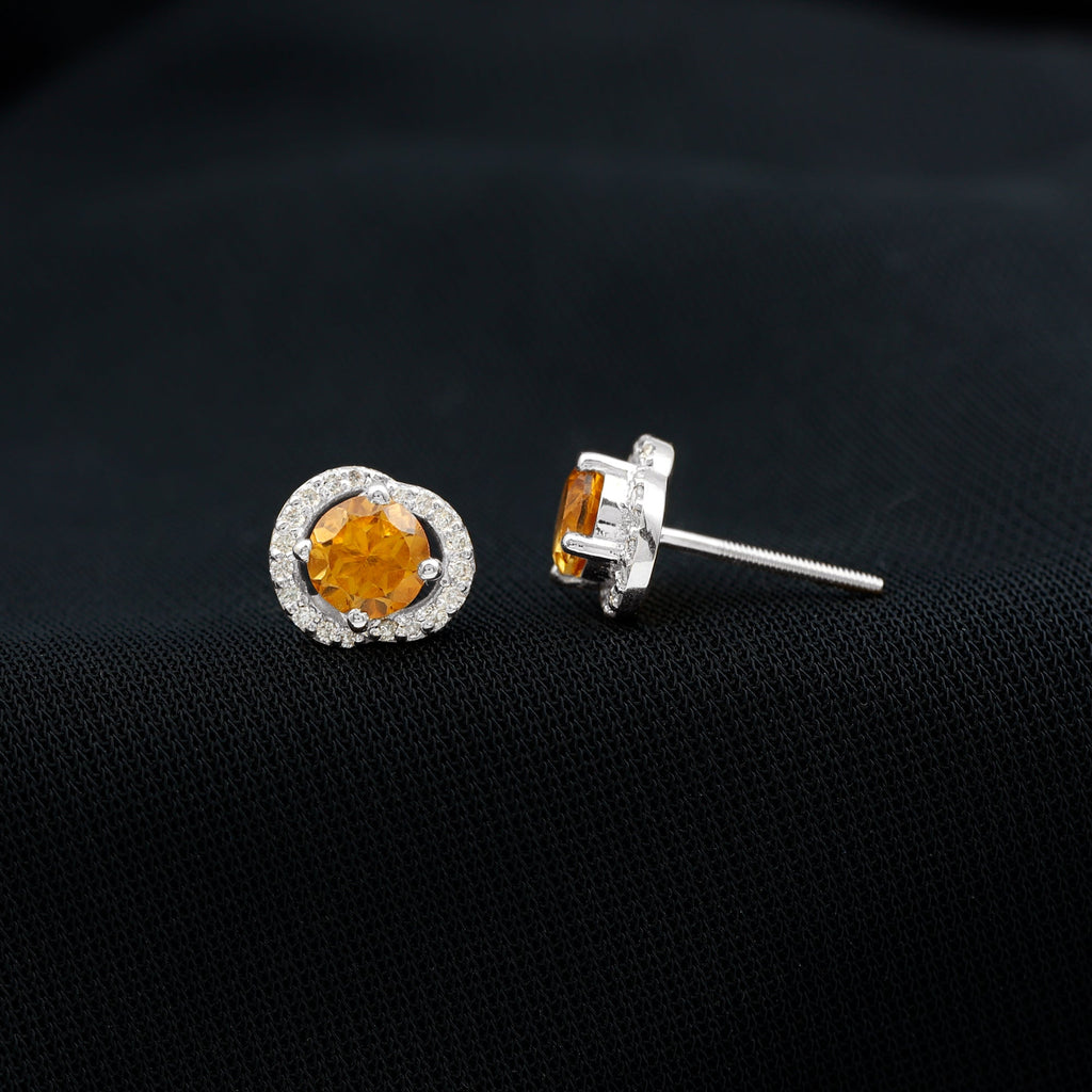 Citrine Stud Earrings – Round AAA Quality Citrine With Diamond Accents | Screw Back Closure