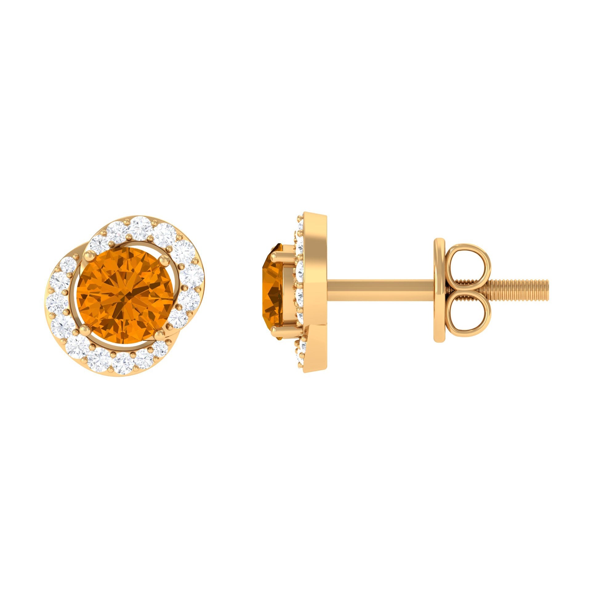 Citrine Stud Earrings – Round AAA Quality Citrine With Diamond Accents | Screw Back Closure
