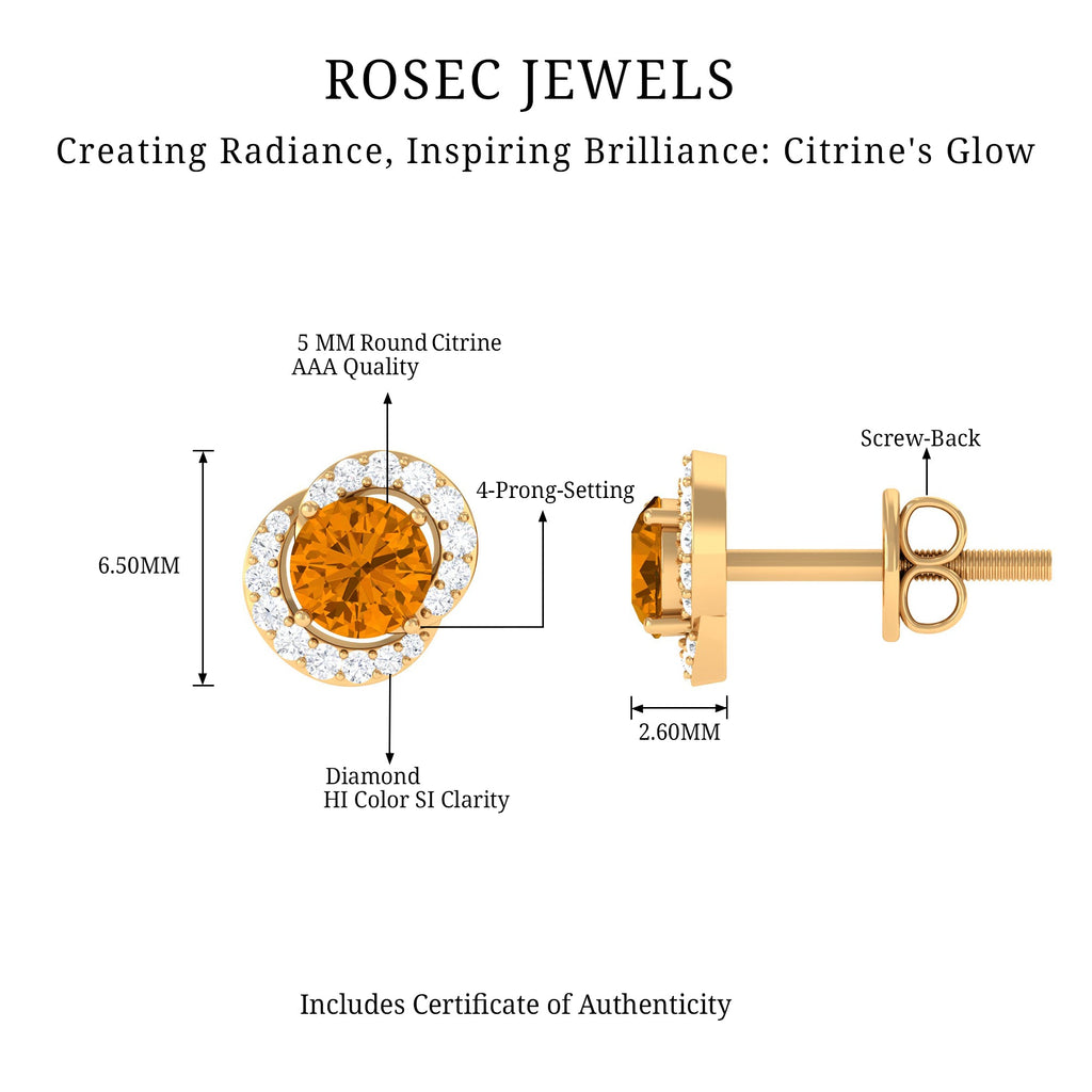 Citrine Stud Earrings – Round AAA Quality Citrine With Diamond Accents | Screw Back Closure