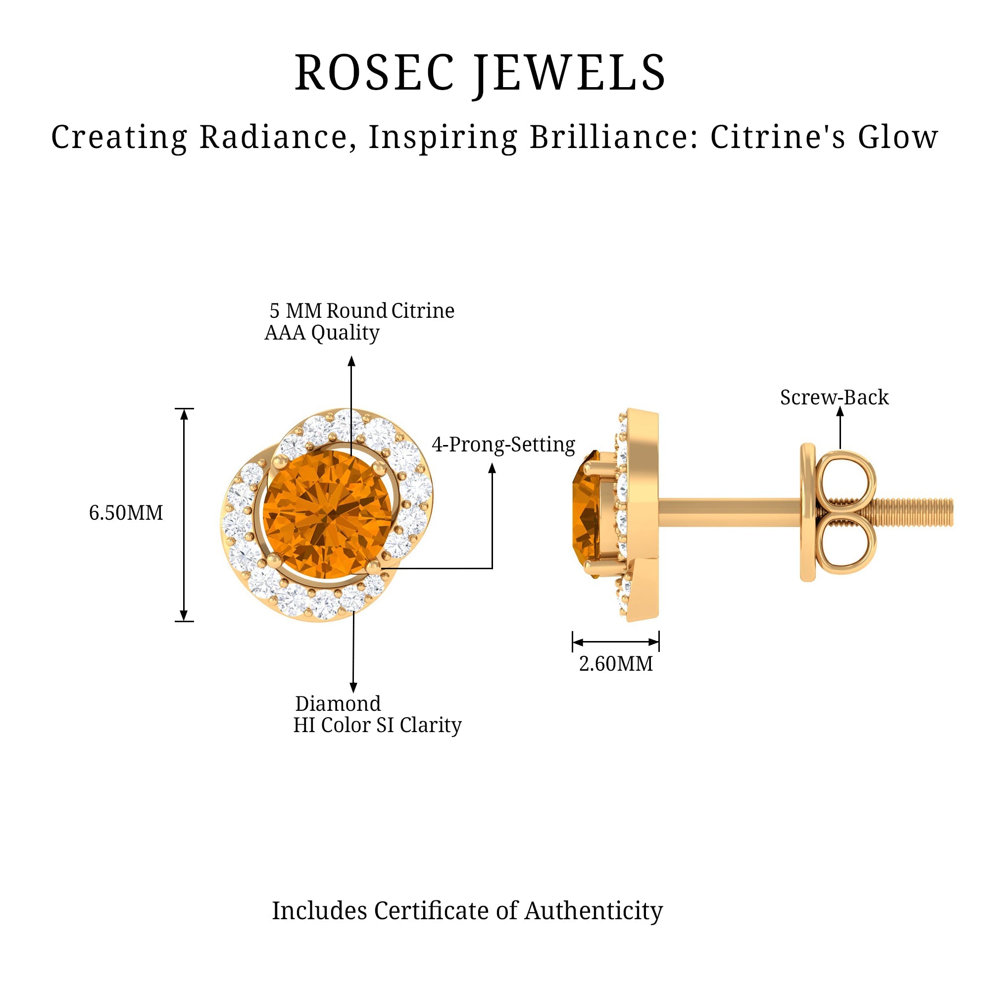 Citrine Stud Earrings – Round AAA Quality Citrine With Diamond Accents | Screw Back Closure