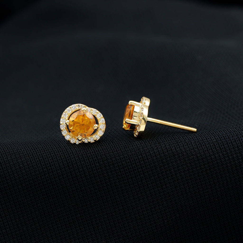 Citrine Stud Earrings – Round AAA Quality Citrine With Diamond Accents | Screw Back Closure