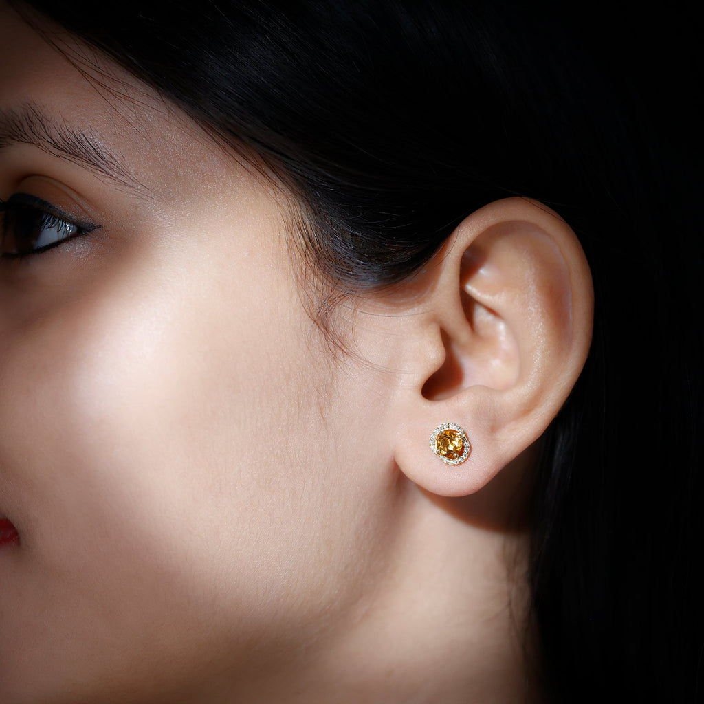 Citrine Stud Earrings – Round AAA Quality Citrine With Diamond Accents | Screw Back Closure