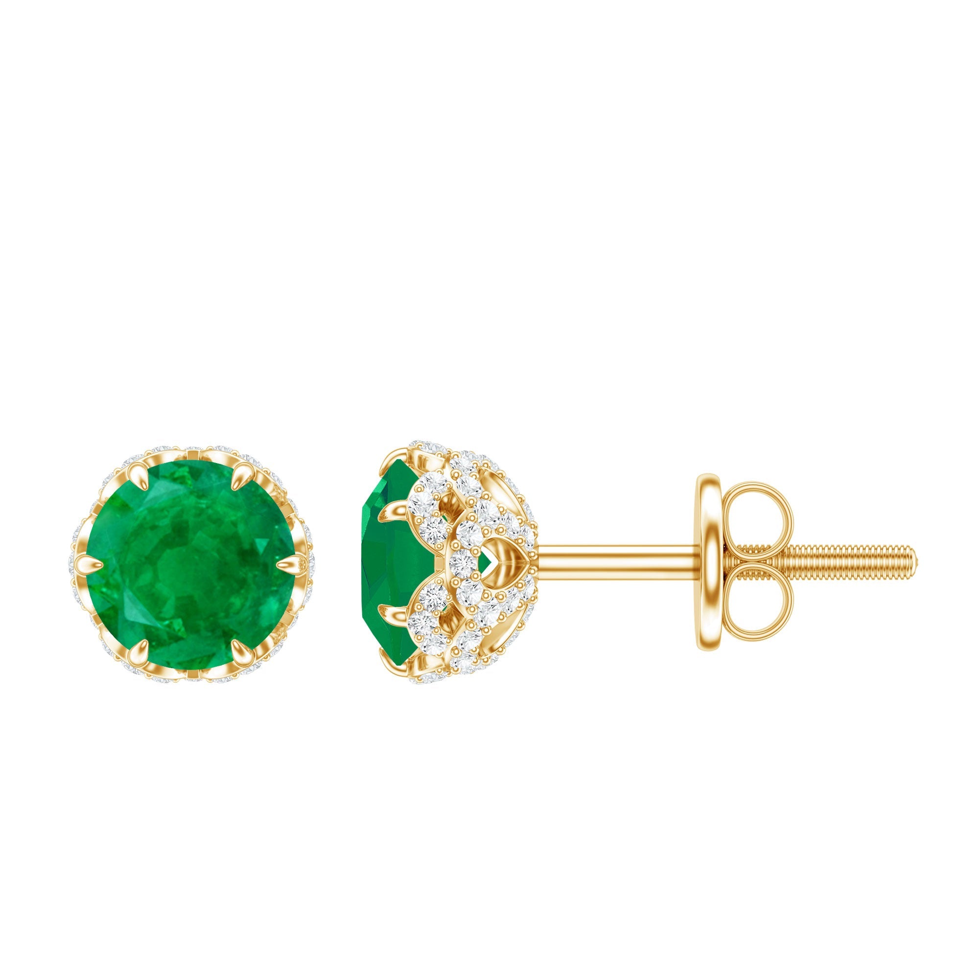 Emerald Diamond Earrings - Designer Stud Earrings With Screw Back & Flower Design