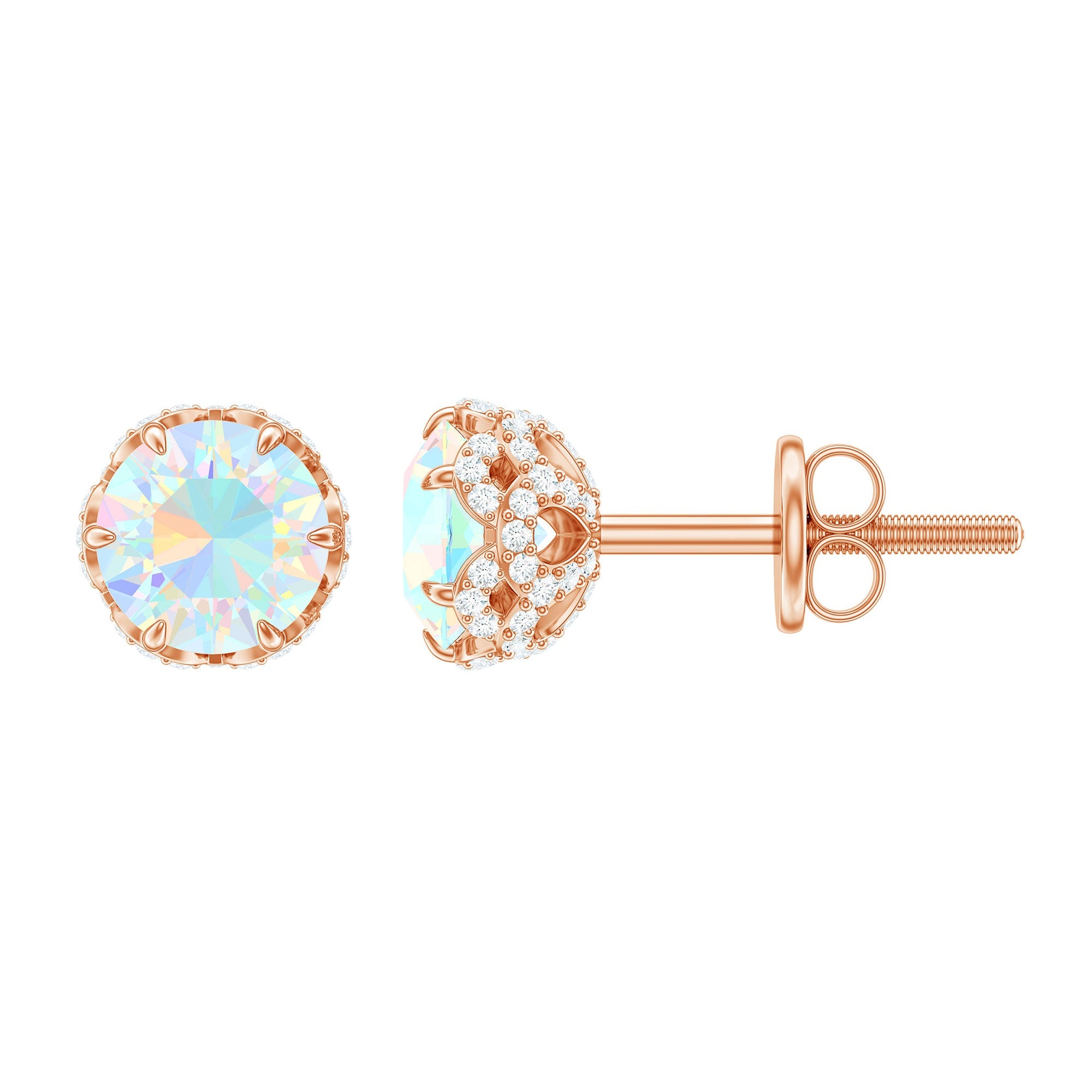 Ethiopian Opal Stud Earrings - Designer 5mm Opal Earrings with Diamond Accents