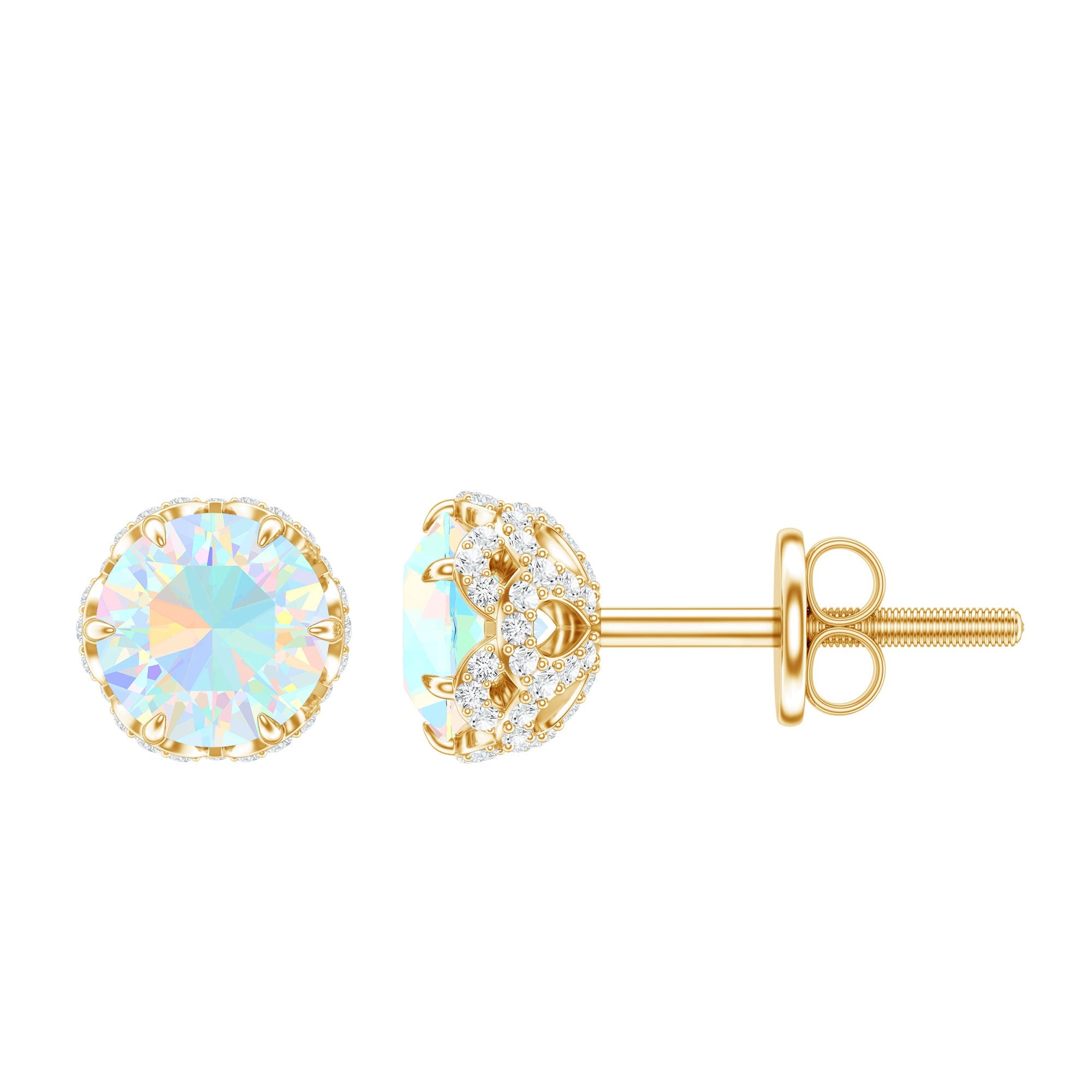 Ethiopian Opal Stud Earrings - Designer 5mm Opal Earrings with Diamond Accents