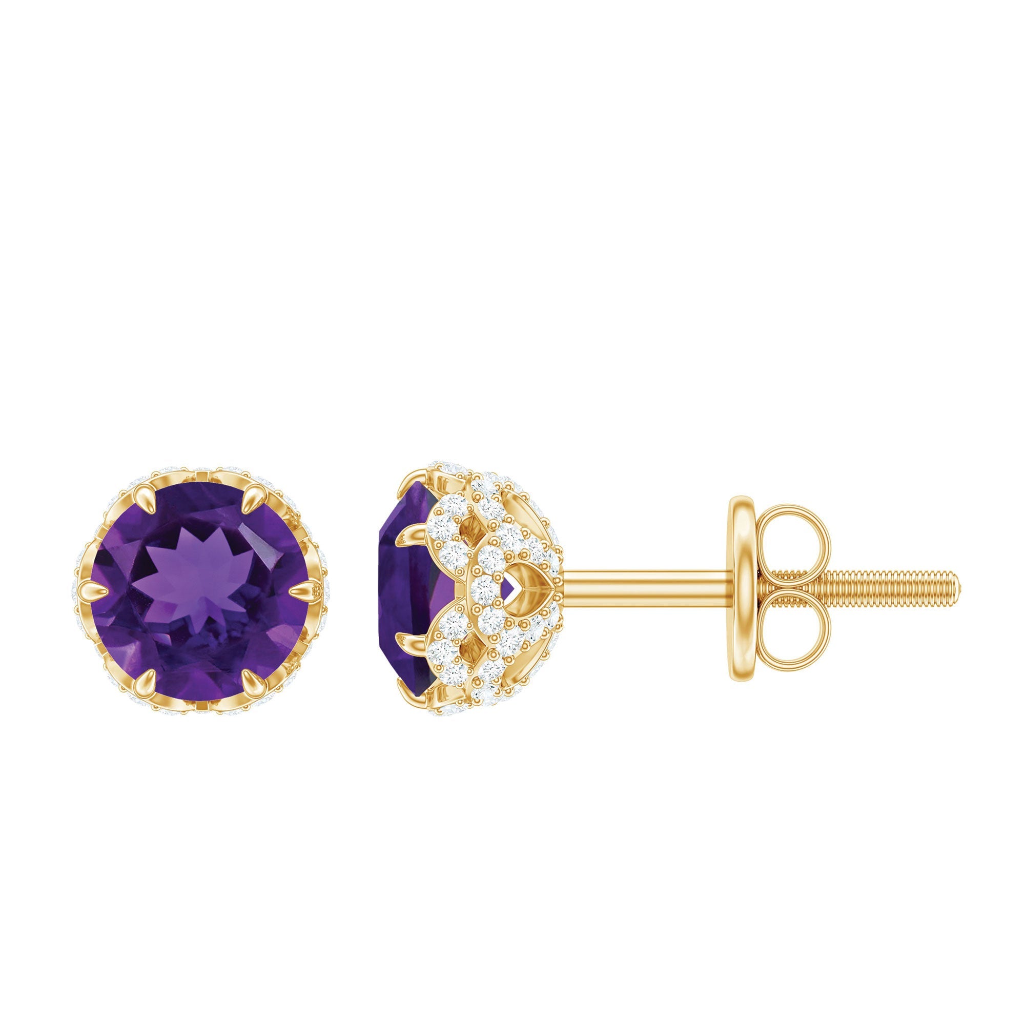 Amethyst Stud Earrings – 5mm Natural Amethyst With Diamond Studs & Claw Prong Setting