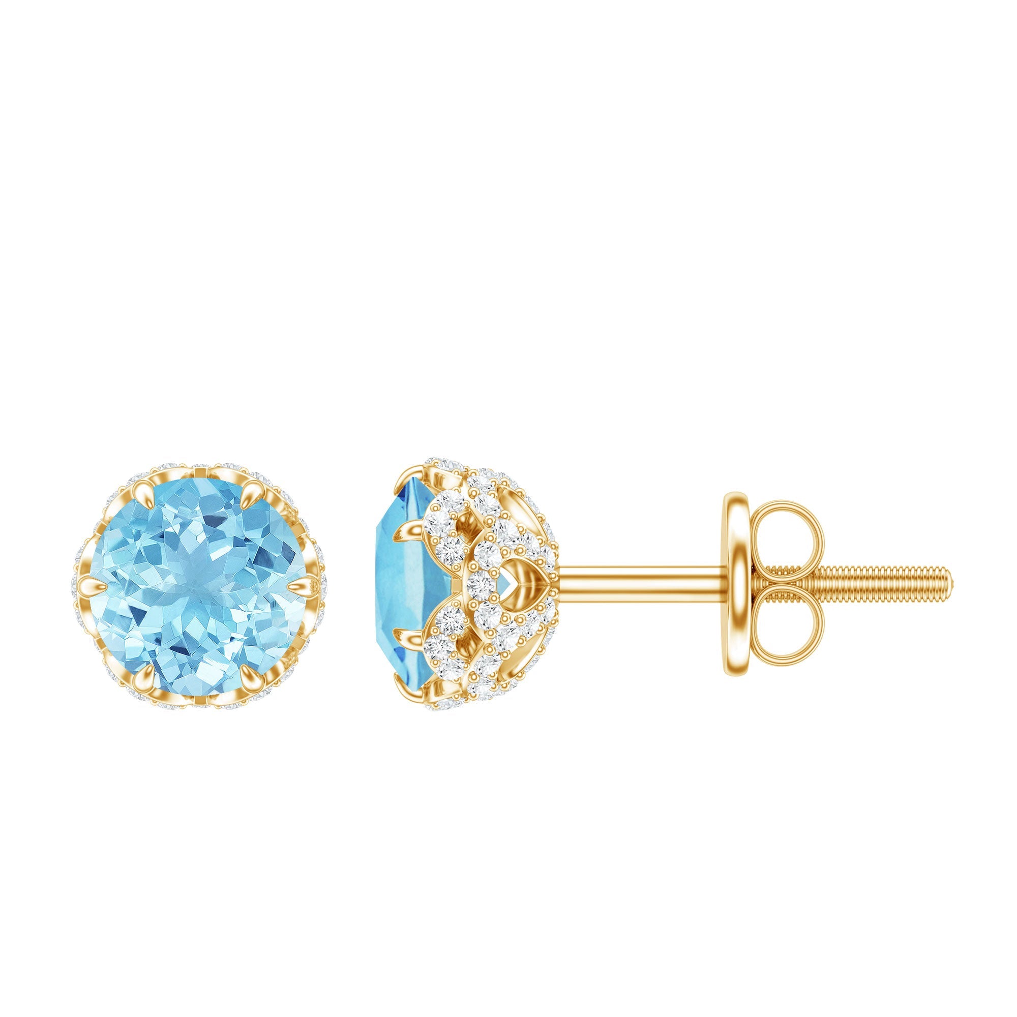 Aquamarine Stud Earrings – Diamond Floral Screw Back Blue Gemstone Studs