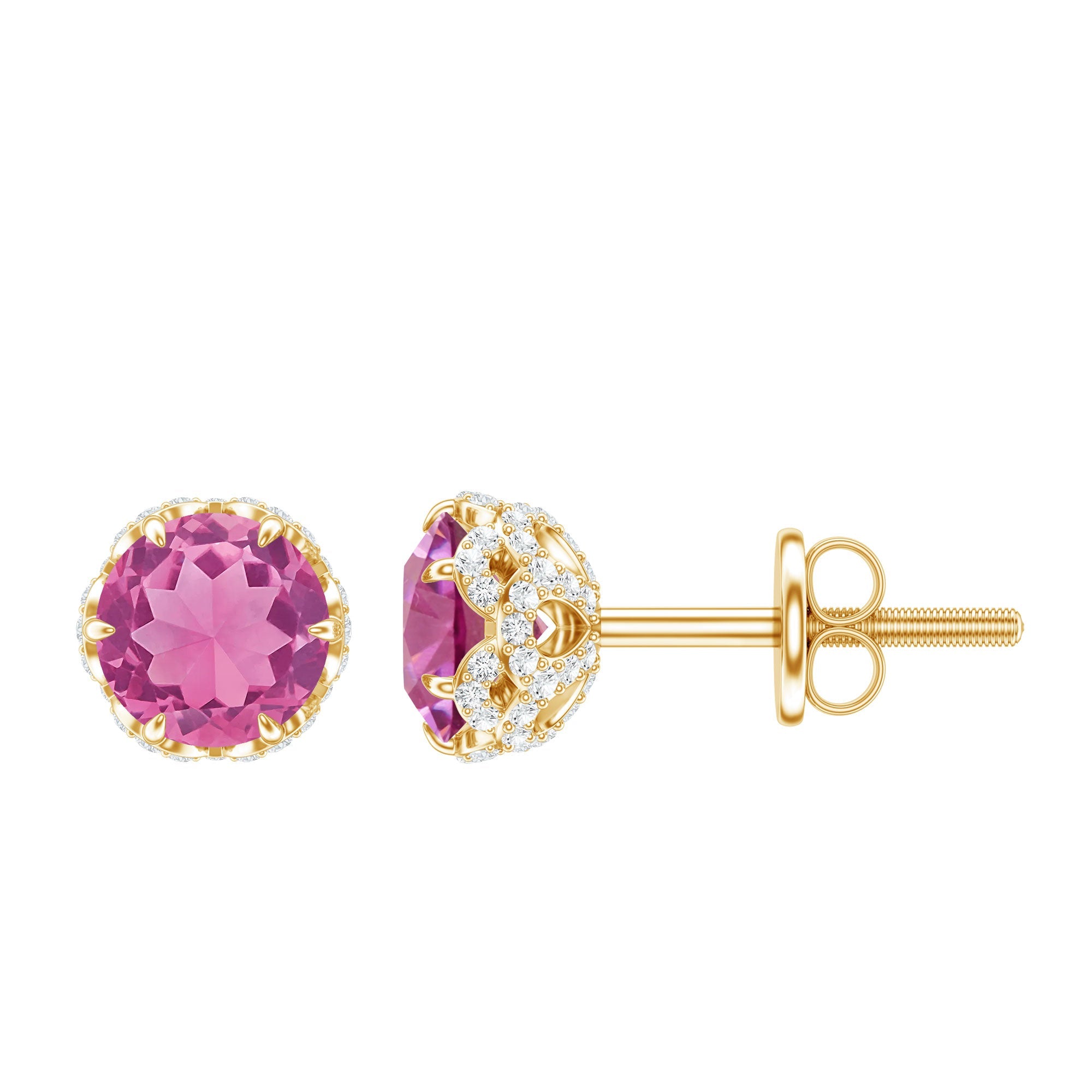 Pink Tourmaline Earrings – Floral Stud Earrings with Diamond Sparkle | Designer Jewelry