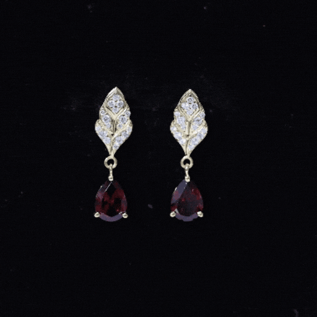 Garnet Teardrop Earrings – 3 Carat Garnet Drop | Diamond Leaf Design