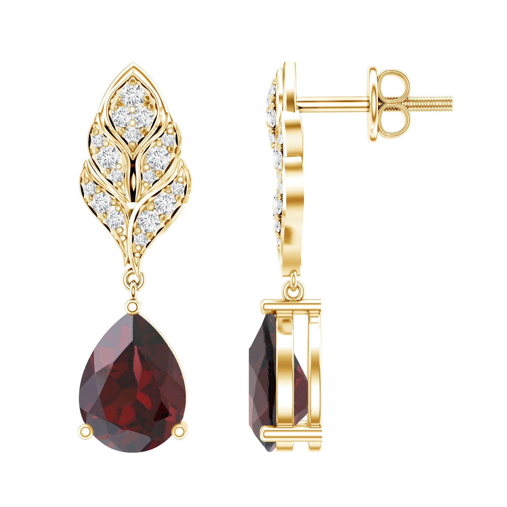 Garnet Teardrop Earrings – 3 Carat Garnet Drop | Diamond Leaf Design