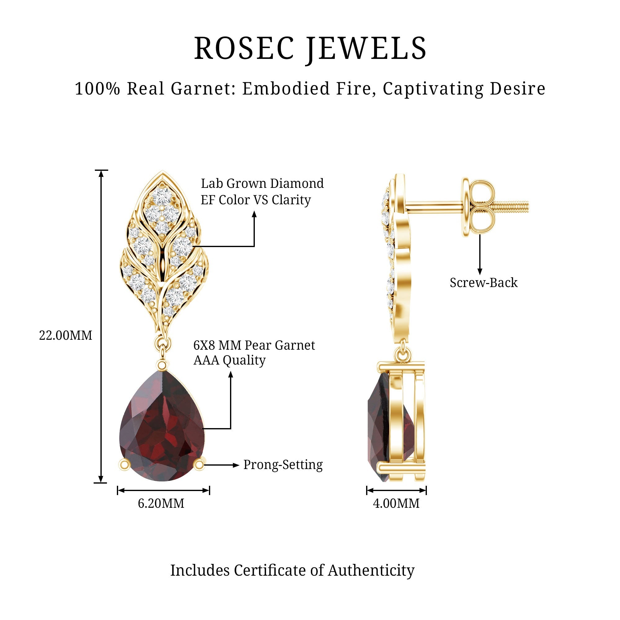 Garnet Teardrop Earrings – 3 Carat Garnet Drop | Diamond Leaf Design