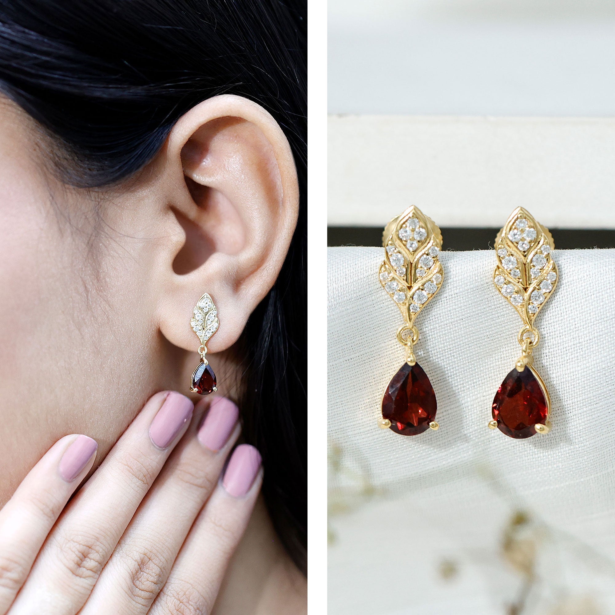 Garnet Teardrop Earrings – 3 Carat Garnet Drop | Diamond Leaf Design