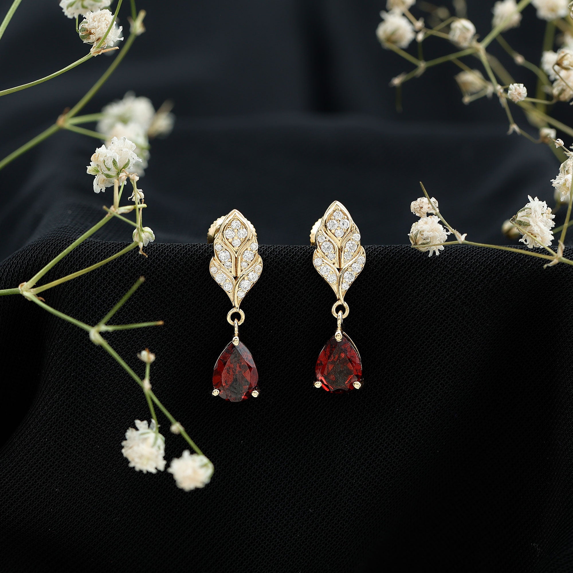 Garnet Teardrop Earrings – 3 Carat Garnet Drop | Diamond Leaf Design
