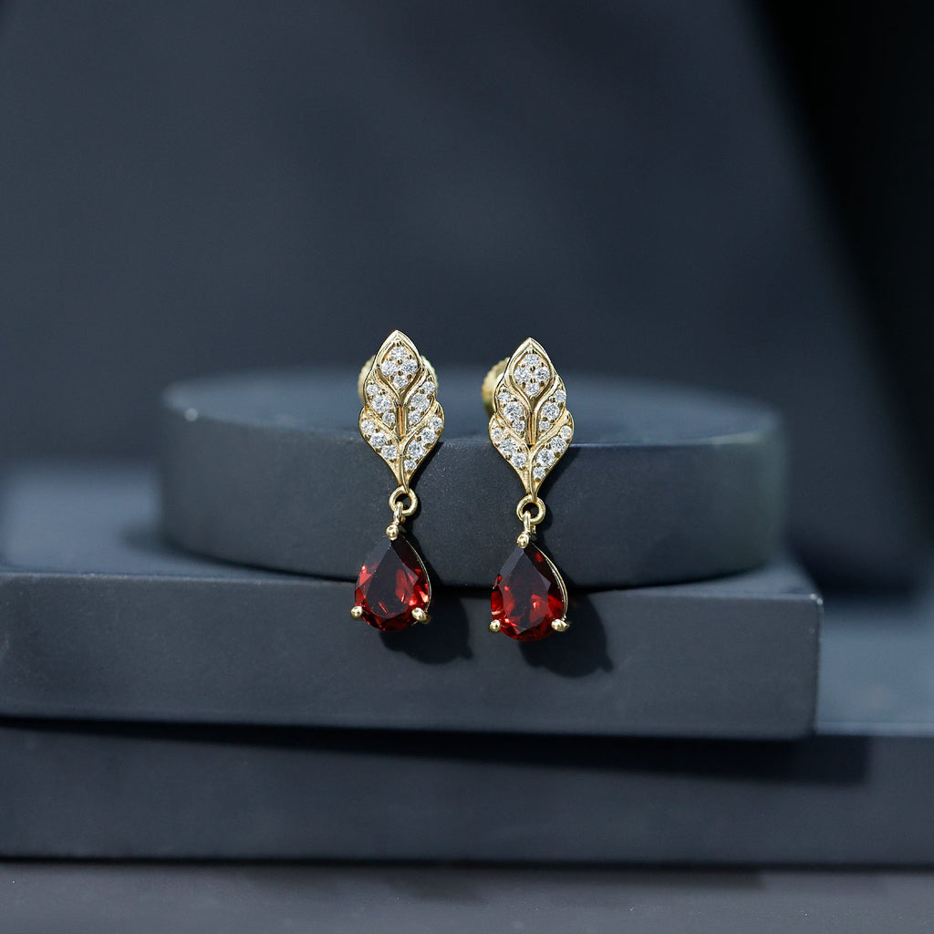 Garnet Teardrop Earrings – 3 Carat Garnet Drop | Diamond Leaf Design