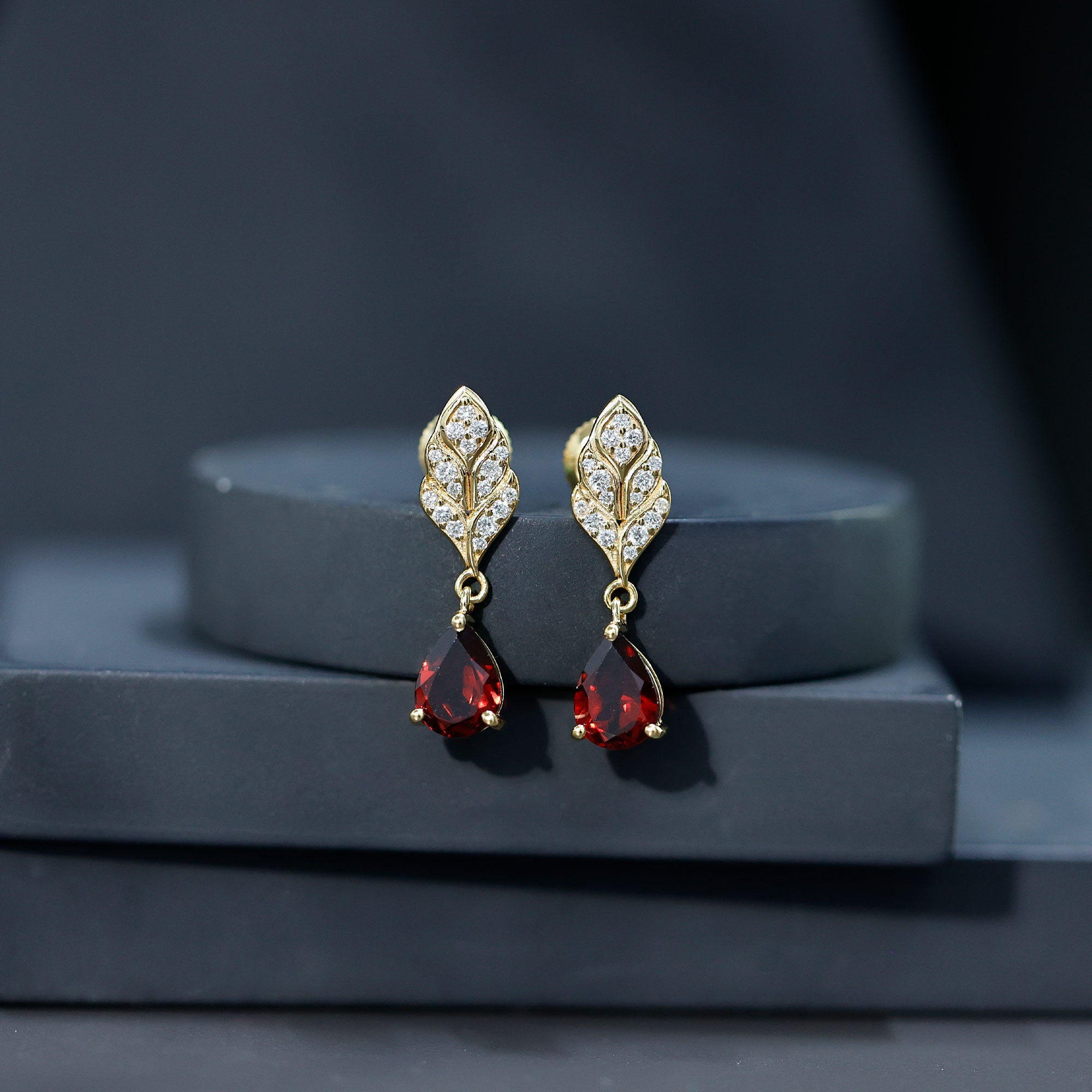 Garnet Teardrop Earrings – 3 Carat Garnet Drop | Diamond Leaf Design