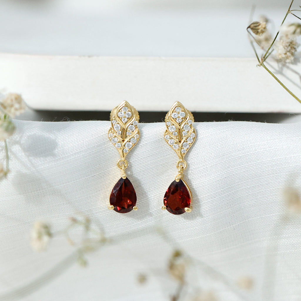 Garnet Teardrop Earrings – 3 Carat Garnet Drop | Diamond Leaf Design