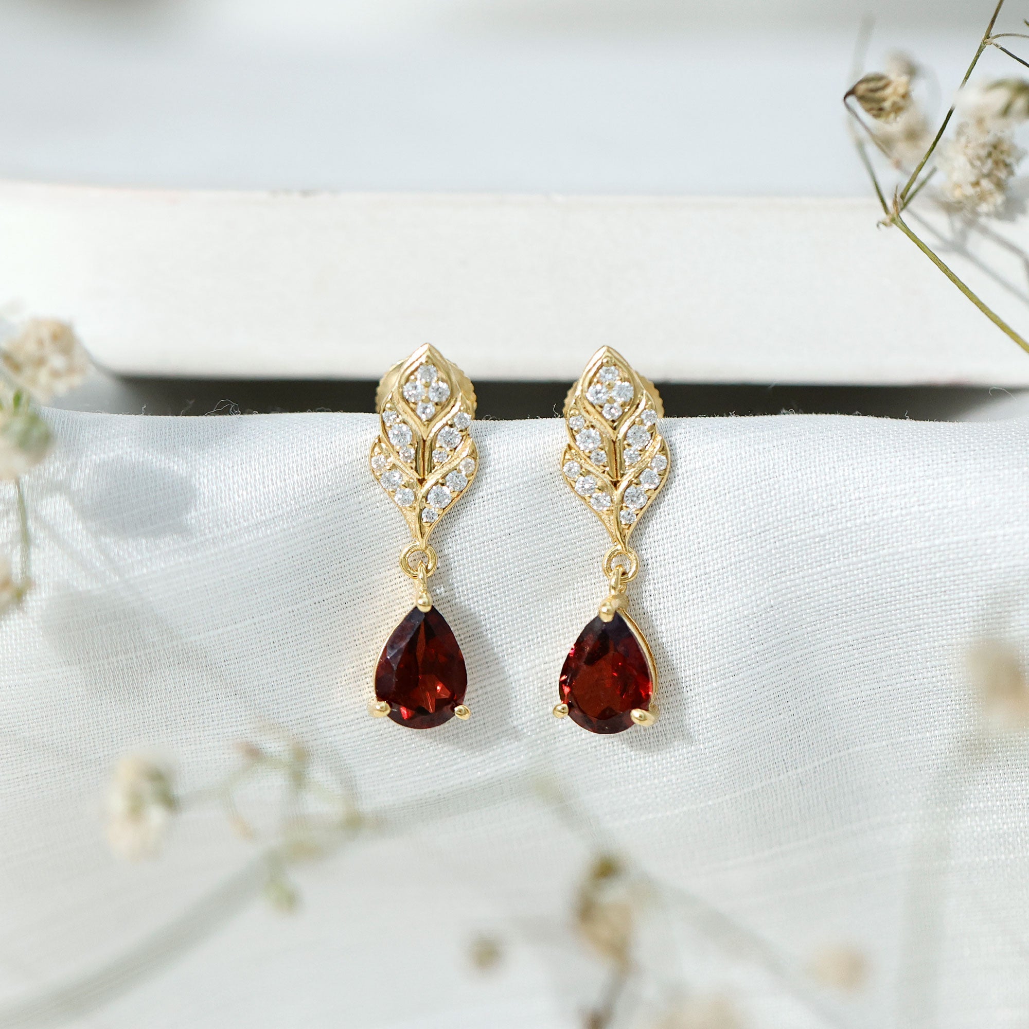 Garnet Teardrop Earrings – 3 Carat Garnet Drop | Diamond Leaf Design